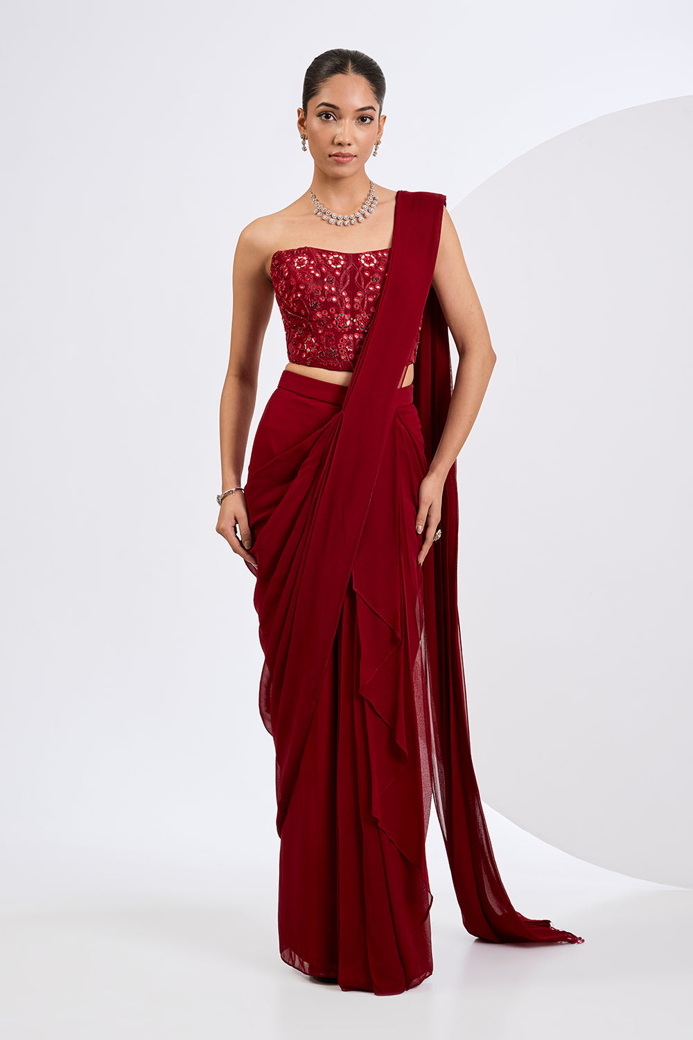 Pre Draped Saree Set with Heavily Embellished Corset Blouse