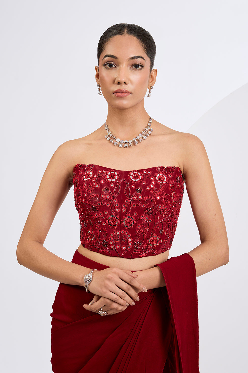 Pre Draped Saree Set with Heavily Embellished Corset Blouse