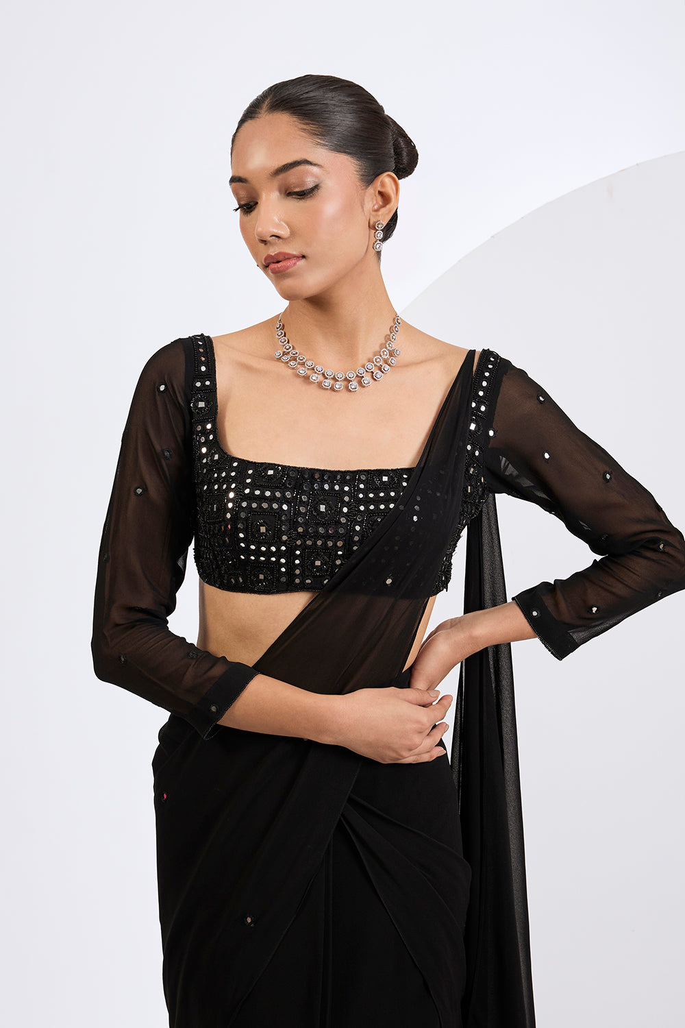 Pre Draped Mirror Embellished Saree with Embroidered Blouse