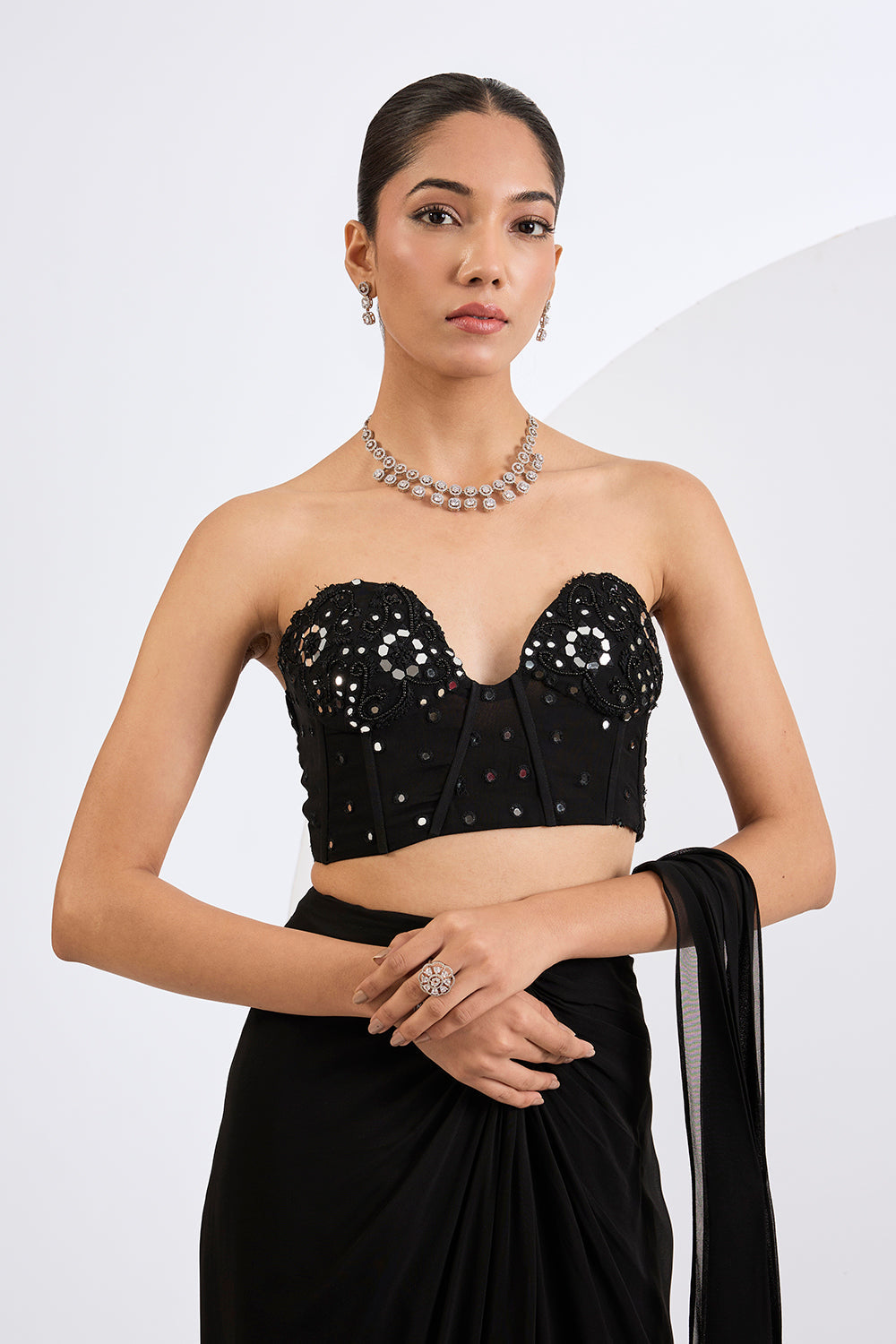 Pre Draped Saree with Embellished Corset