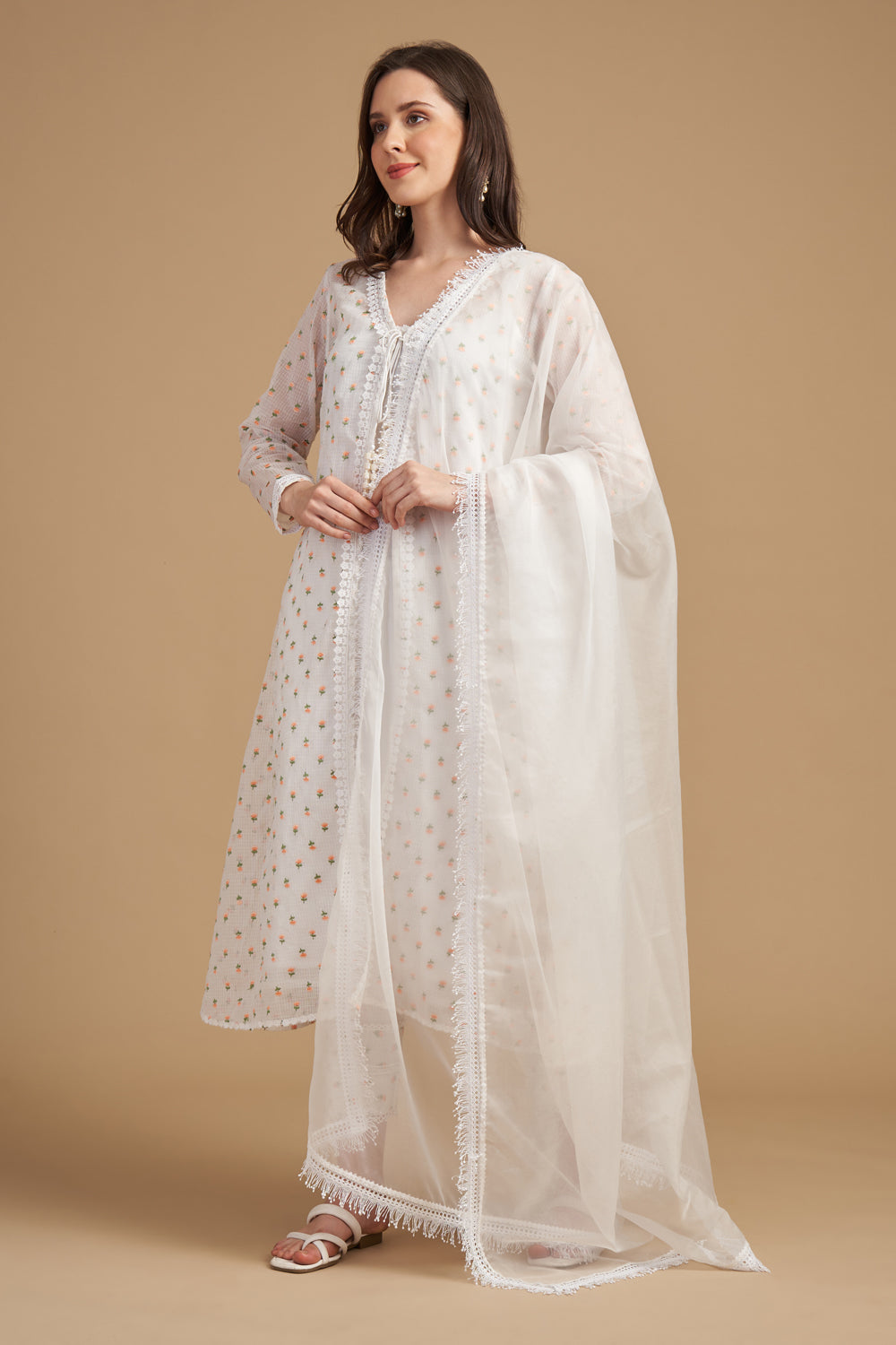 Ivory Thread Jacket And Anarkali With Palazzo