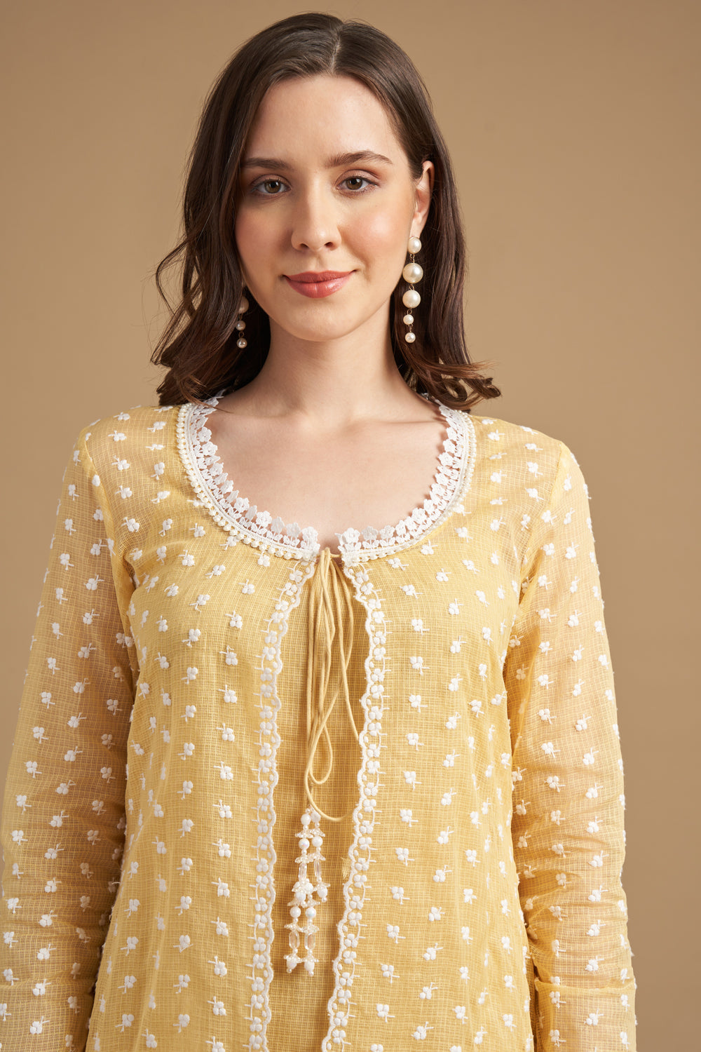 Ivory Thread Embroidered Yellow Anarkali Tunic With Pant