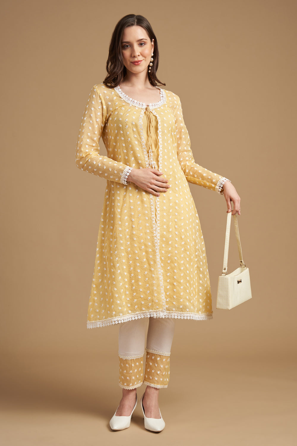Ivory Thread Embroidered Yellow Anarkali Tunic With Pant