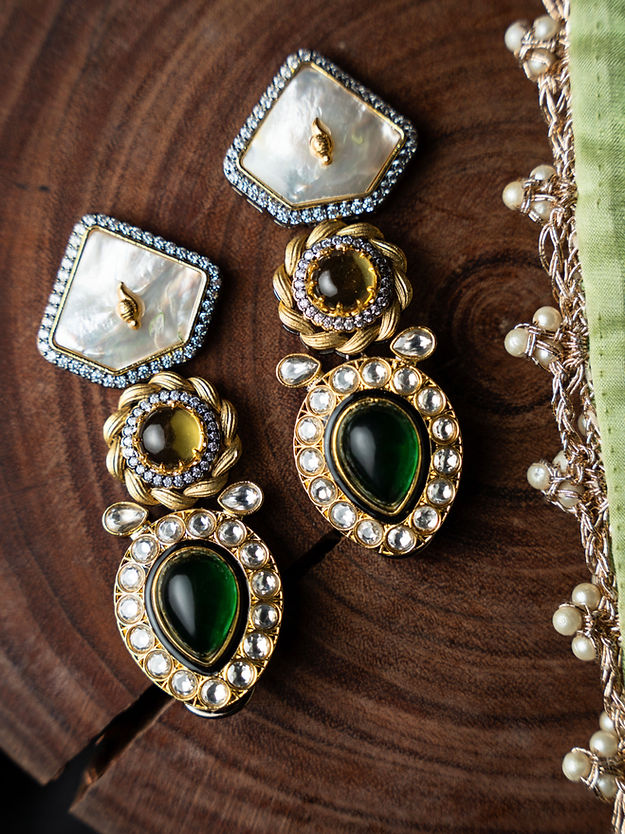 CY Nayaab By Sonia Jadau danglers With moissanite polki, mother Of pearl, semi precious stones And CZ diamonds