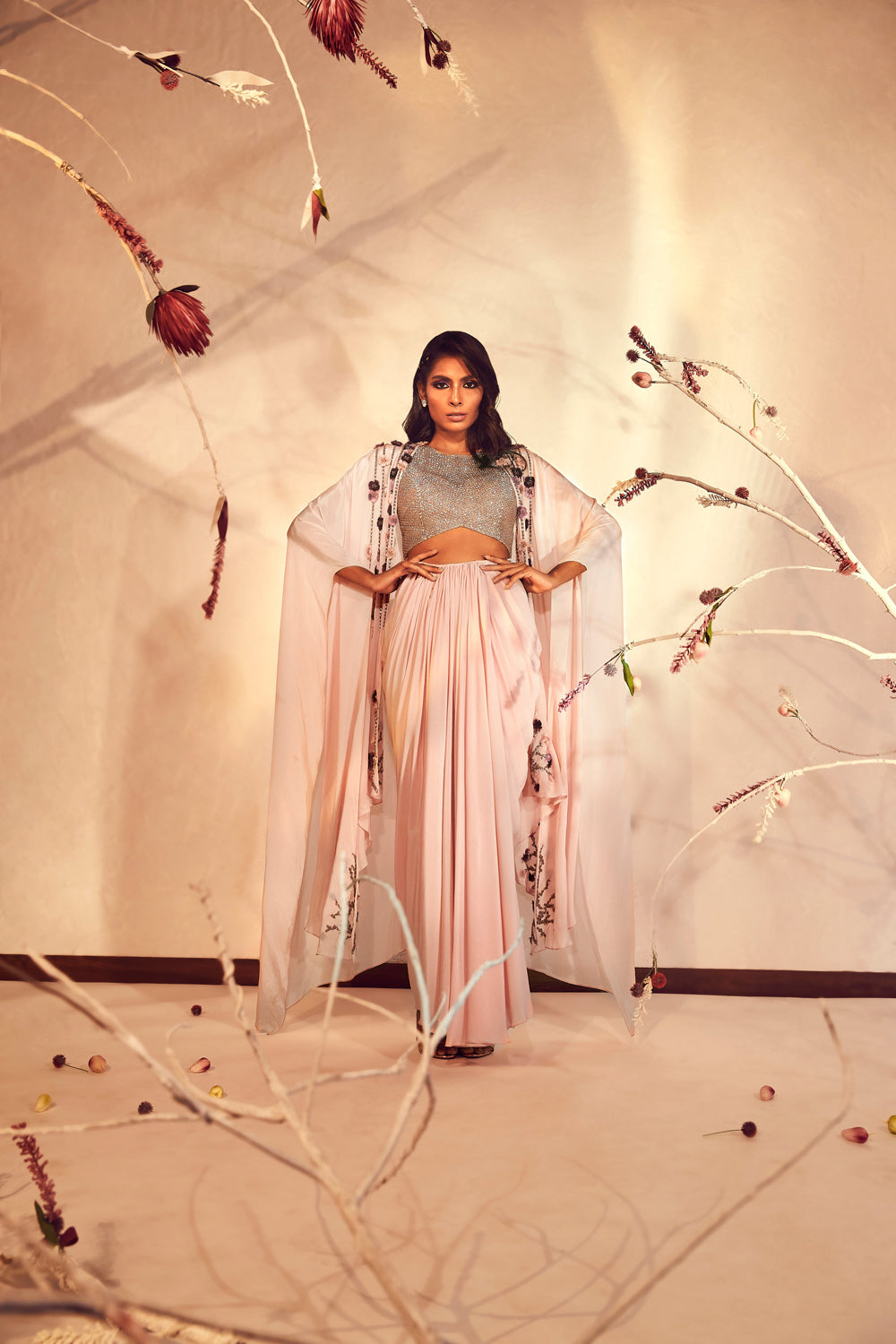 Salmon Pink Co-Ord Set with Skirt And Cape