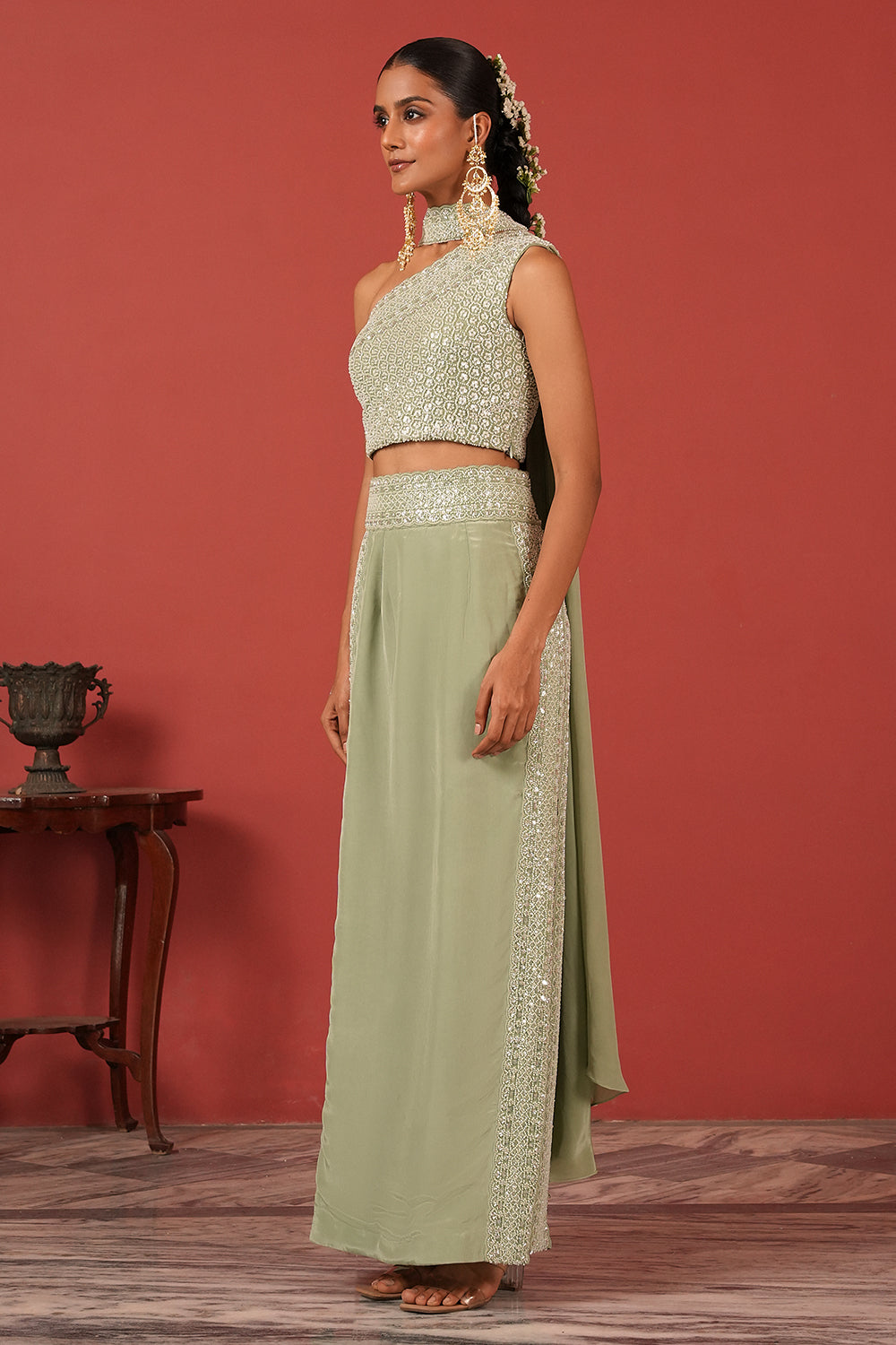 One-Shoulder Embroidered Top with Straight-Fit Skirt Set