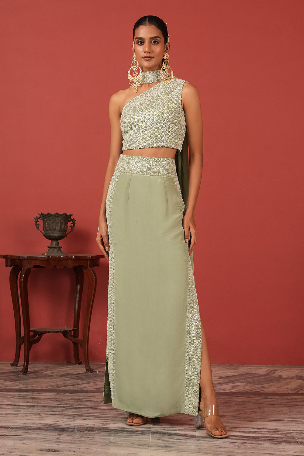 One-Shoulder Embroidered Top with Straight-Fit Skirt Set