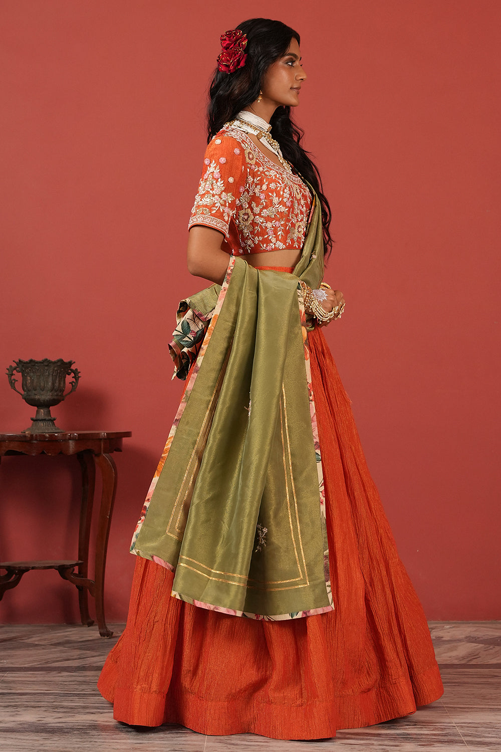 Orange Zardozi Hand-Embroidered Lehenga Set