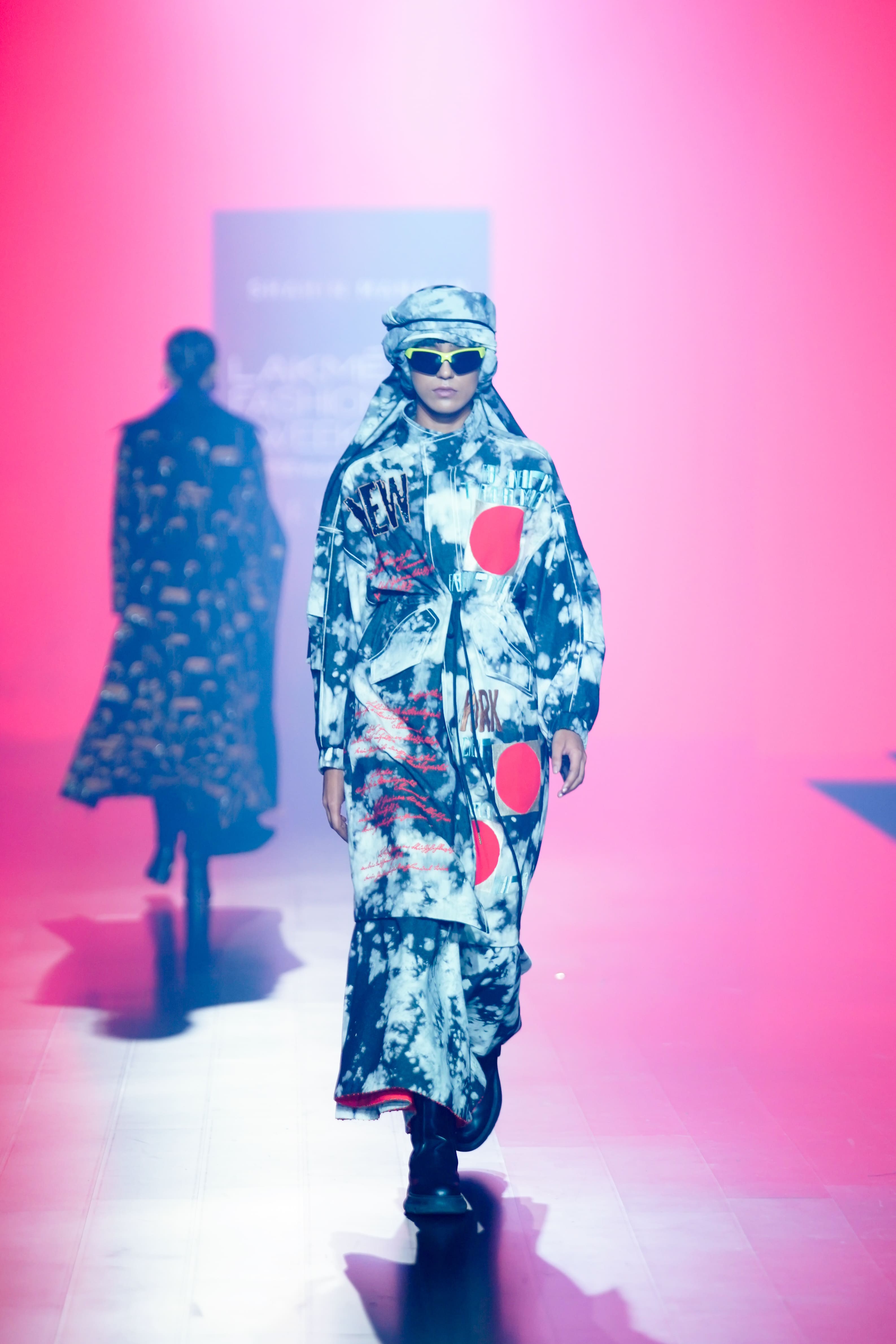 Scribble Parka With Circular Skirt And Head Scarf