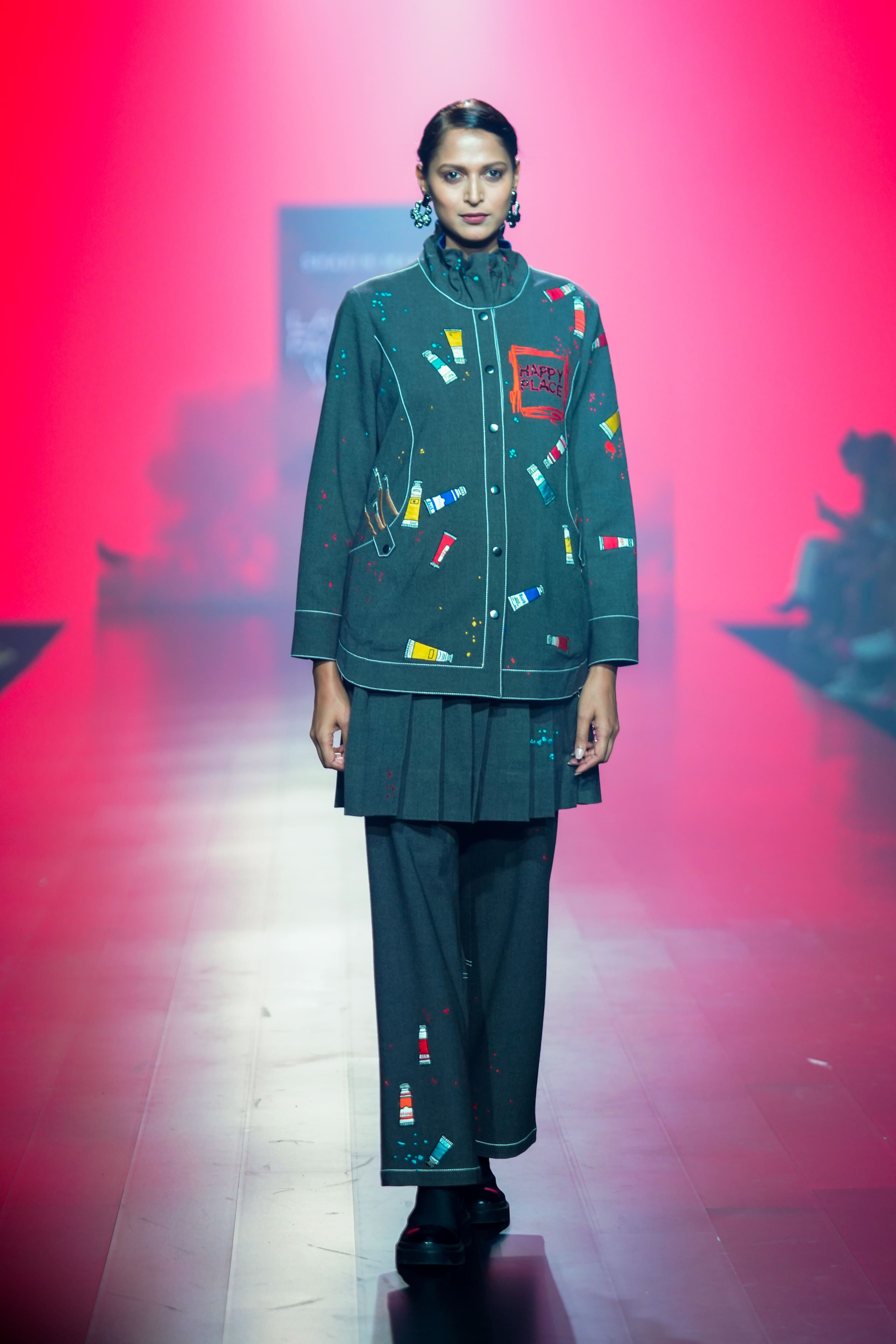 Paint Brush Shirt Jacket With Pant And Pleated Skirt