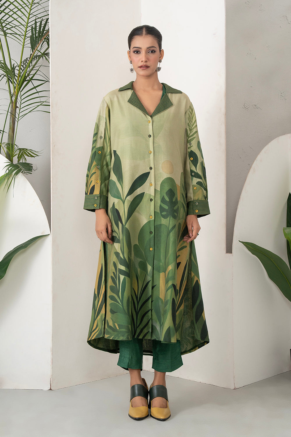 Shades Of Green Silk Chanderi Lush Jungle Printed Dress Set
