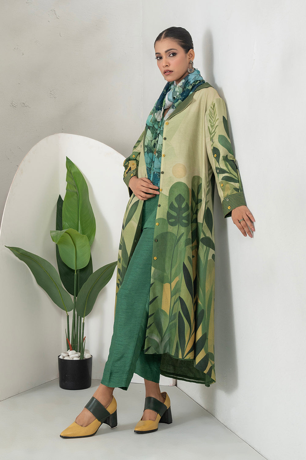 Shades Of Green Silk Chanderi Lush Jungle Printed Dress Set