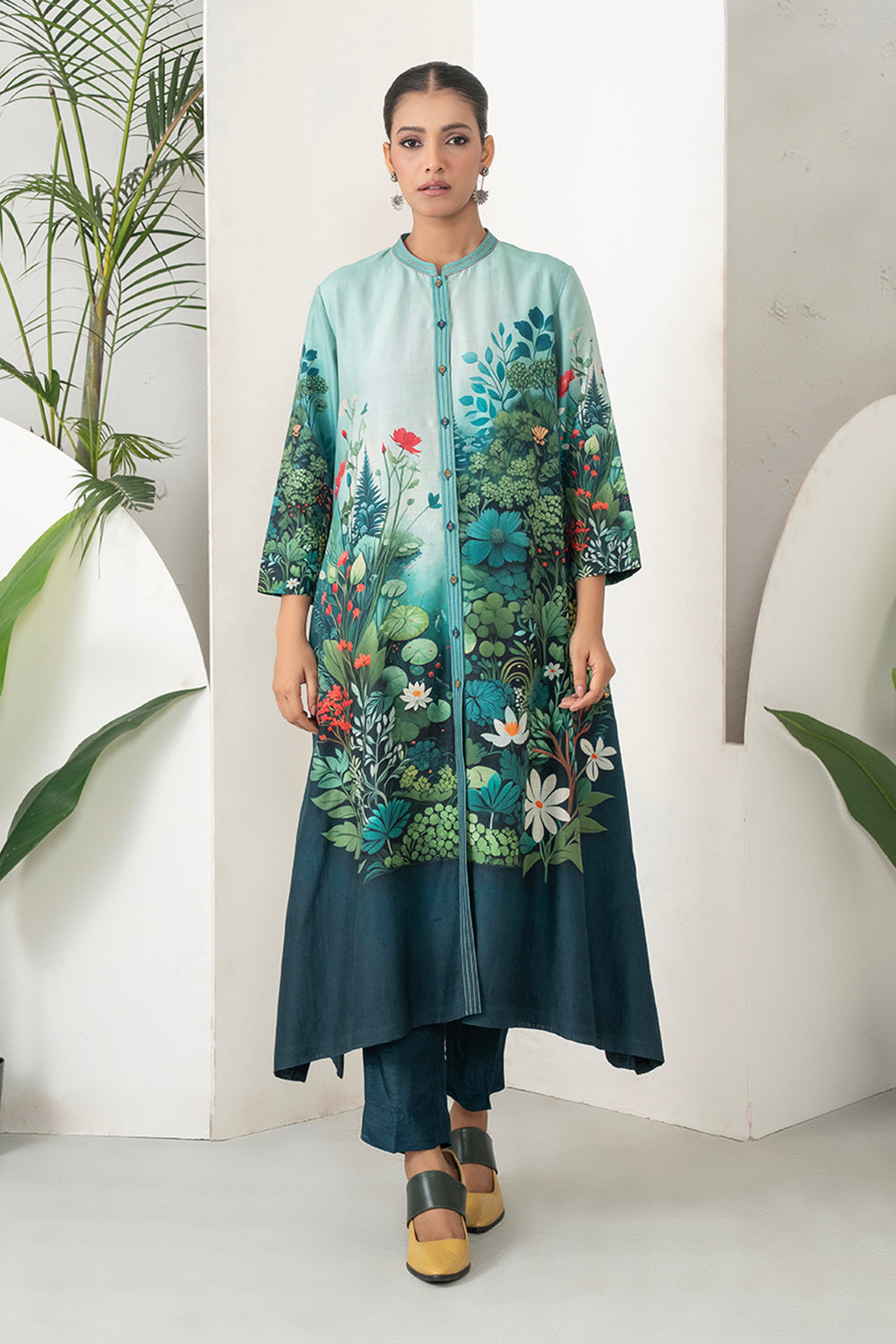 Blue Fades Gently From Mint To Midnight Silk Chanderi Hand-Painted Garden Printed Dress Set