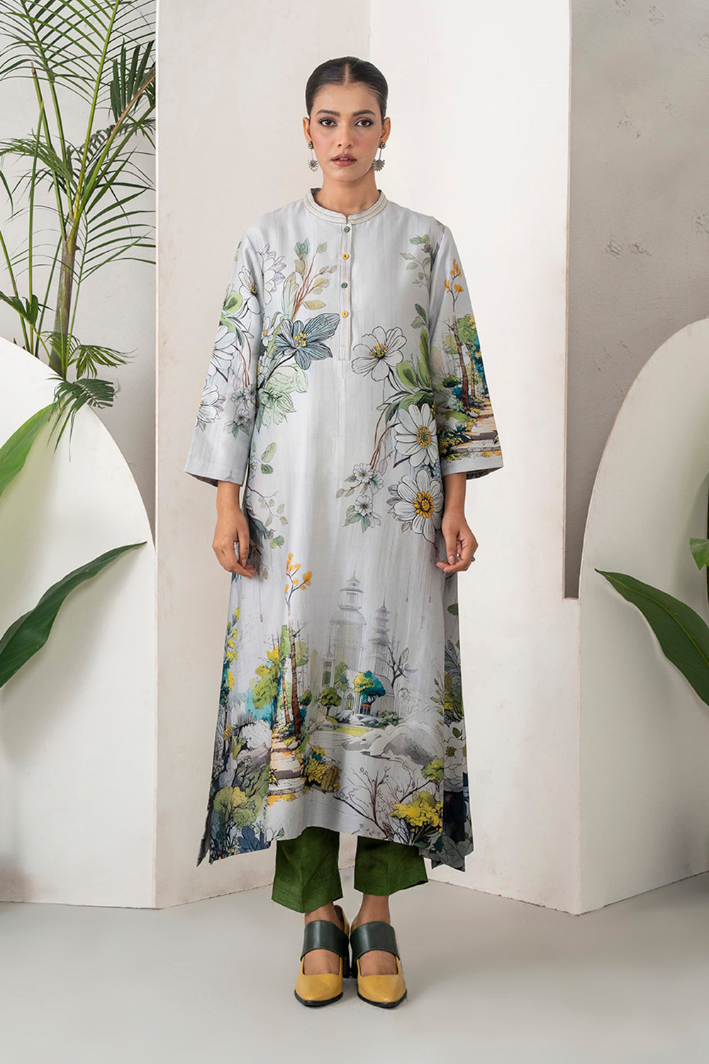 Grey Silk Chanderi Painterly Landscape Printed Tunic Set