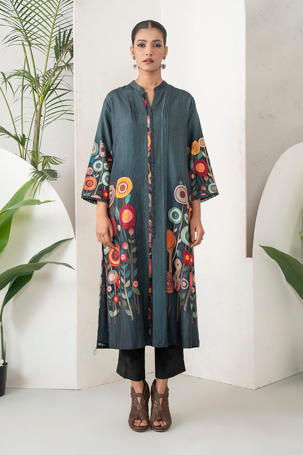 Charcoal Silk Chanderi Striking Floral Illustration Printed Dress Set