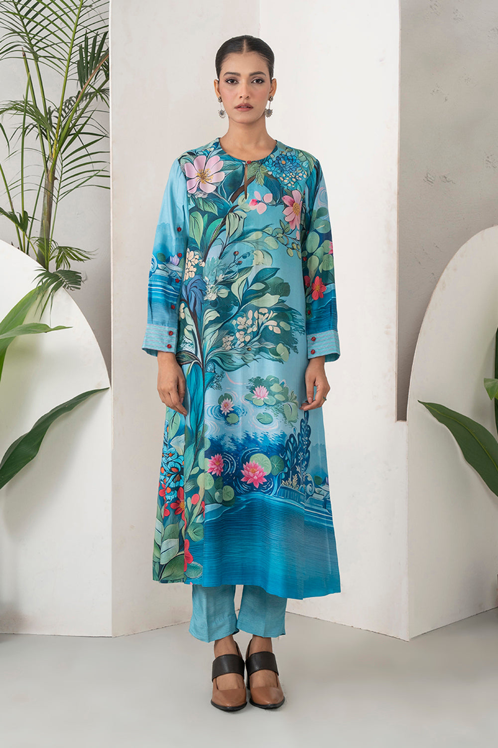 Sky Blue Silk Chanderi Lush Lotus Printed Tunic Set