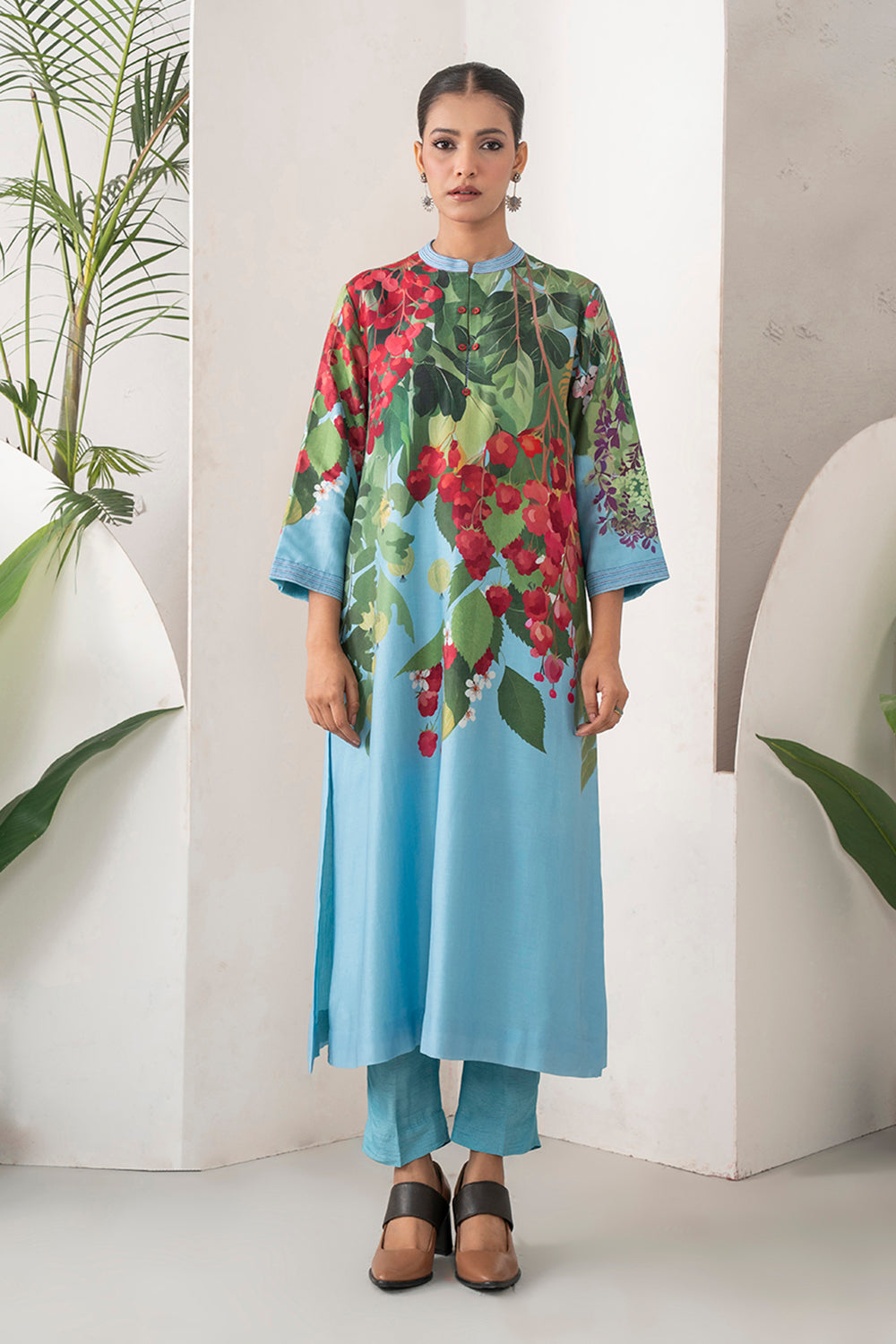 Sky Blue Silk Chanderi Berry And Leaf Illustration Printed Tunic Set