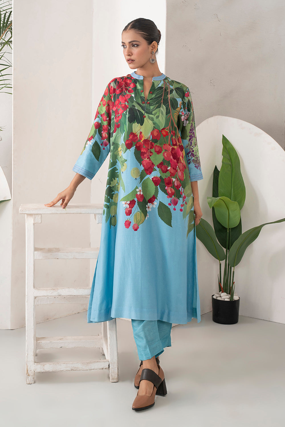 Sky Blue Silk Chanderi Berry And Leaf Illustration Printed Tunic Set