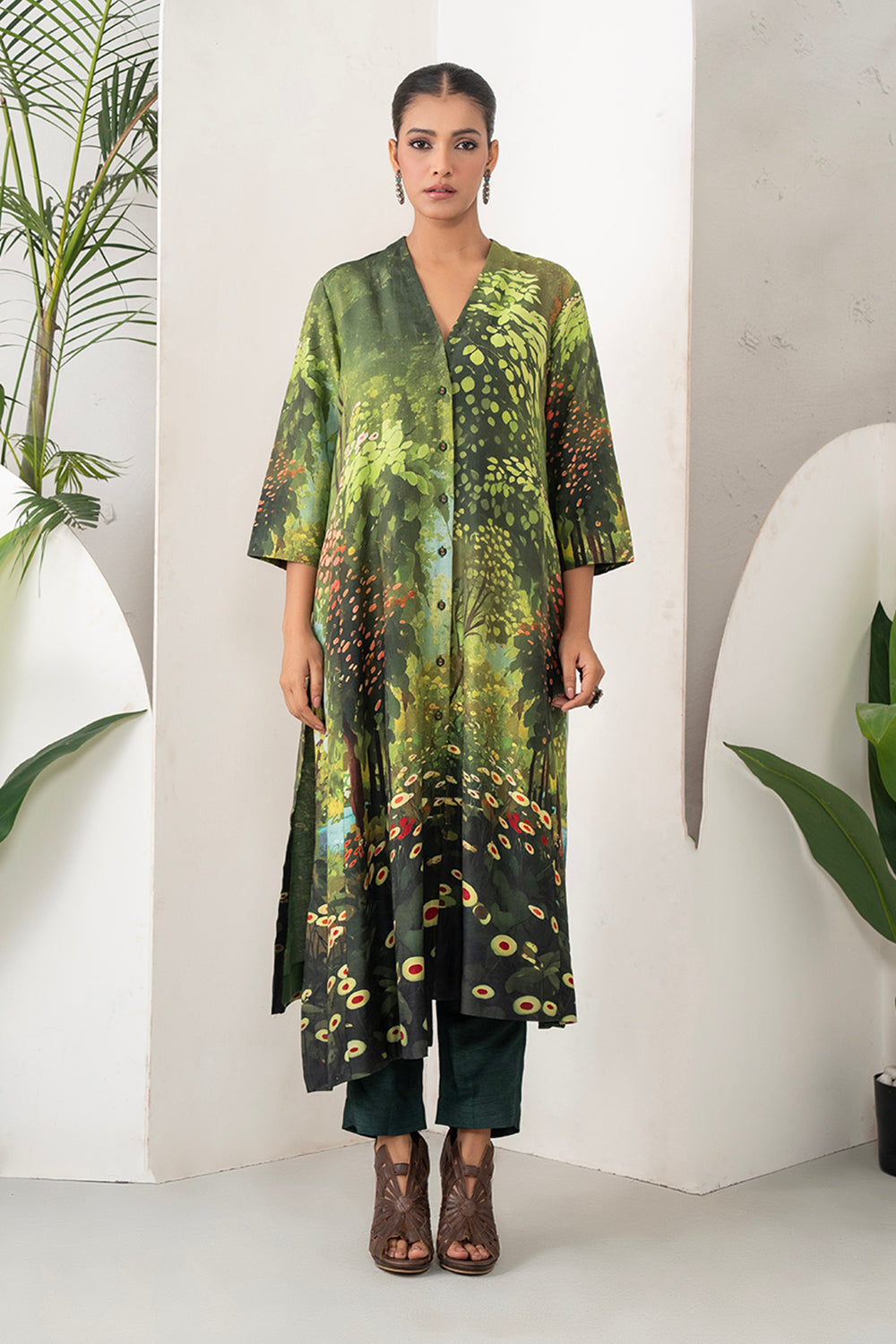 Shades Of Green Silk Chanderi Front Open Nature Inspired Printed Dress Set