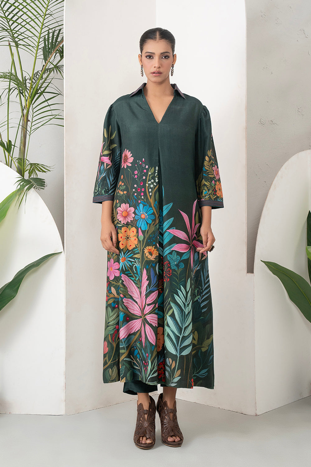 Dark Green Silk Chanderi Vibrant Multicolour Floral Printed Dress Set