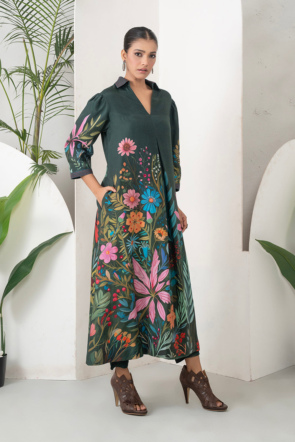 Dark Green Silk Chanderi Vibrant Multicolour Floral Printed Dress Set