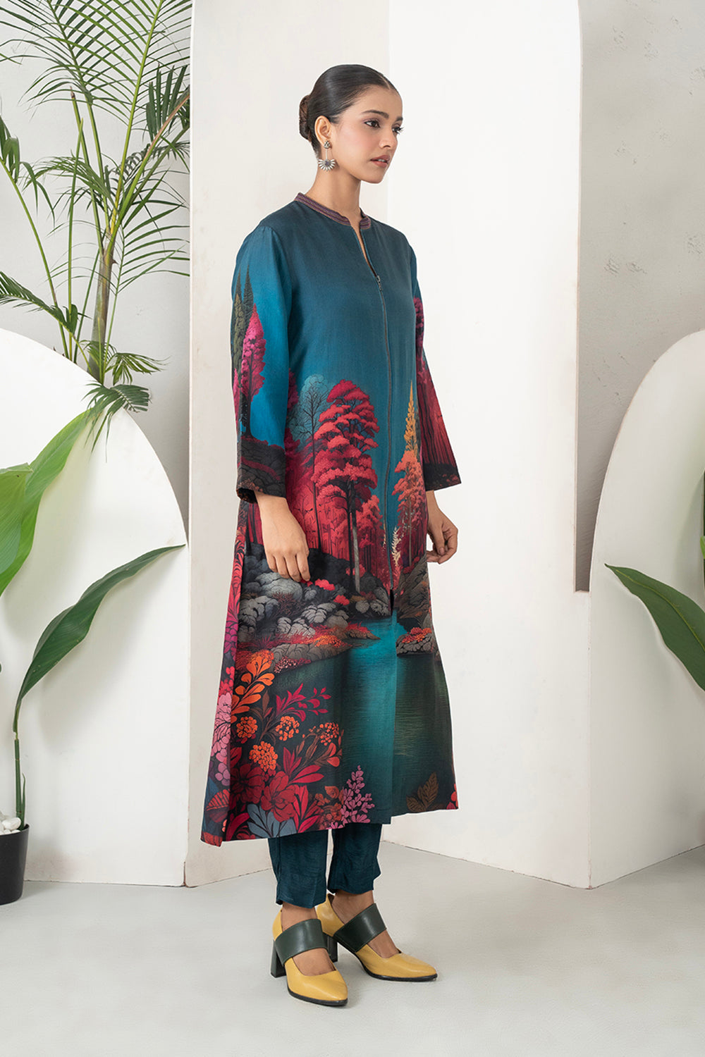 Deep Teal Fades Into Twilight Blue Silk Chanderi Forest Scene Printed Dress Set