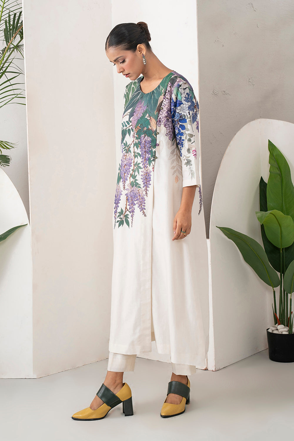Ivory Silk Chanderi Side Panel Wisteria Printed Dress Set