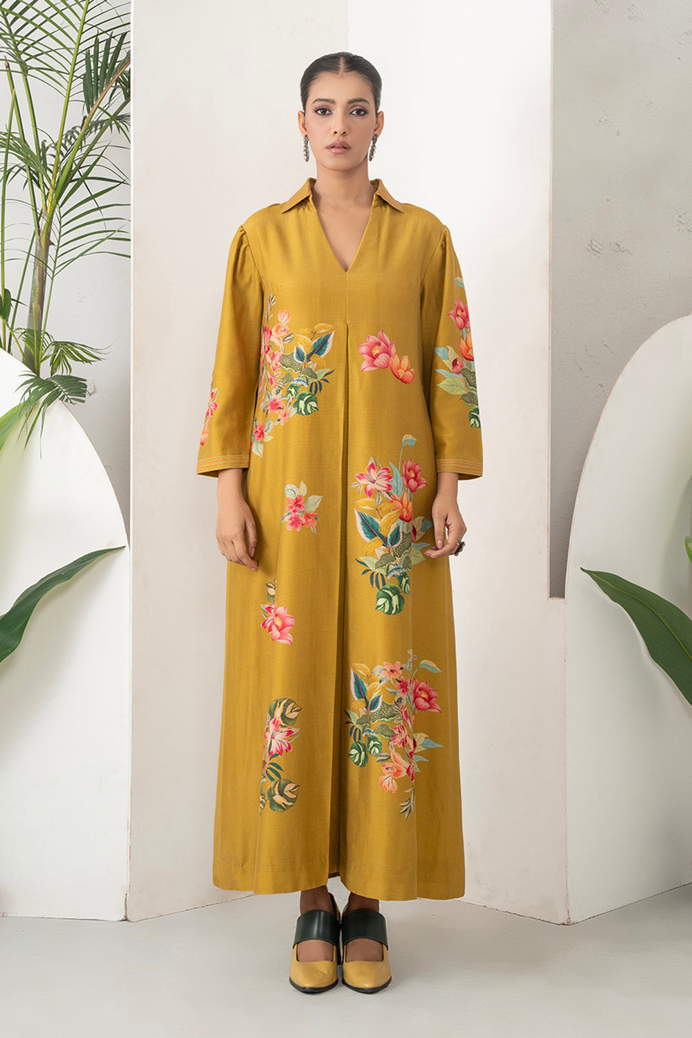 Mustard Silk Chanderi Front Pleat Detailed Colourful Floral Printed Dress Set