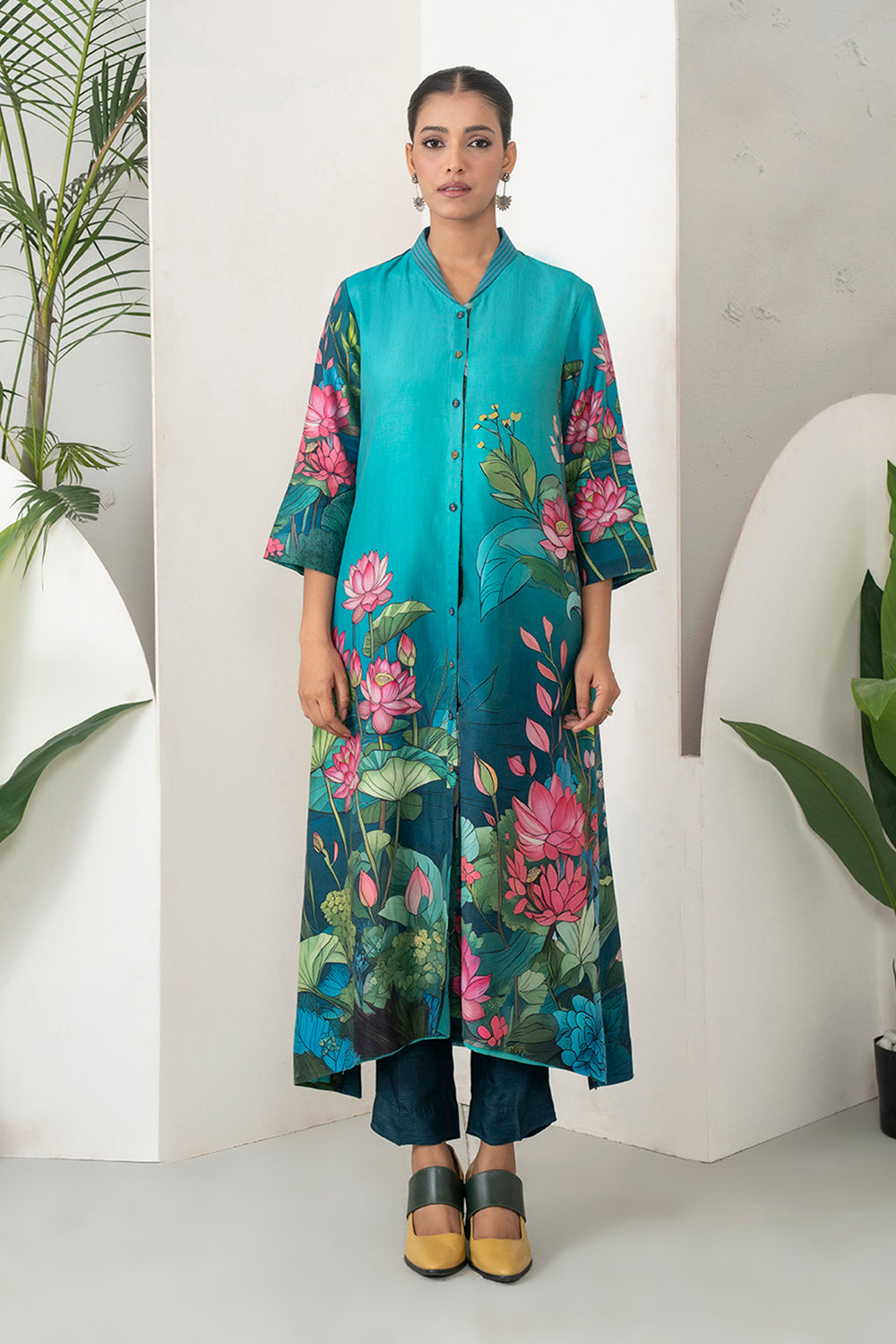 Aqua Fades Into Deep Blue Silk Chanderi Lush Lotus Printed Dress Set
