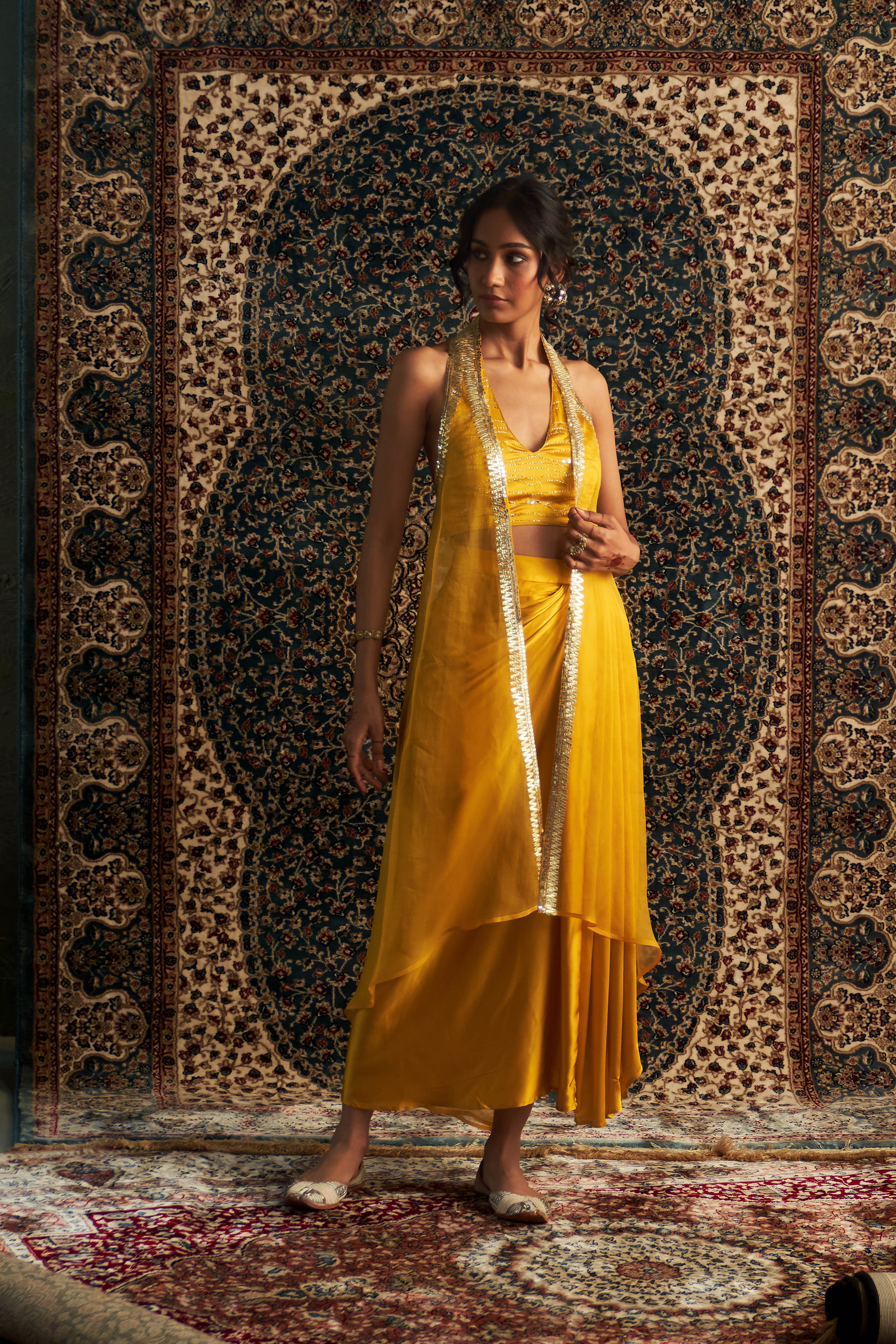 CY Charkhee Marigold Embroidred Jacket With Draped Skirt Set Front 2