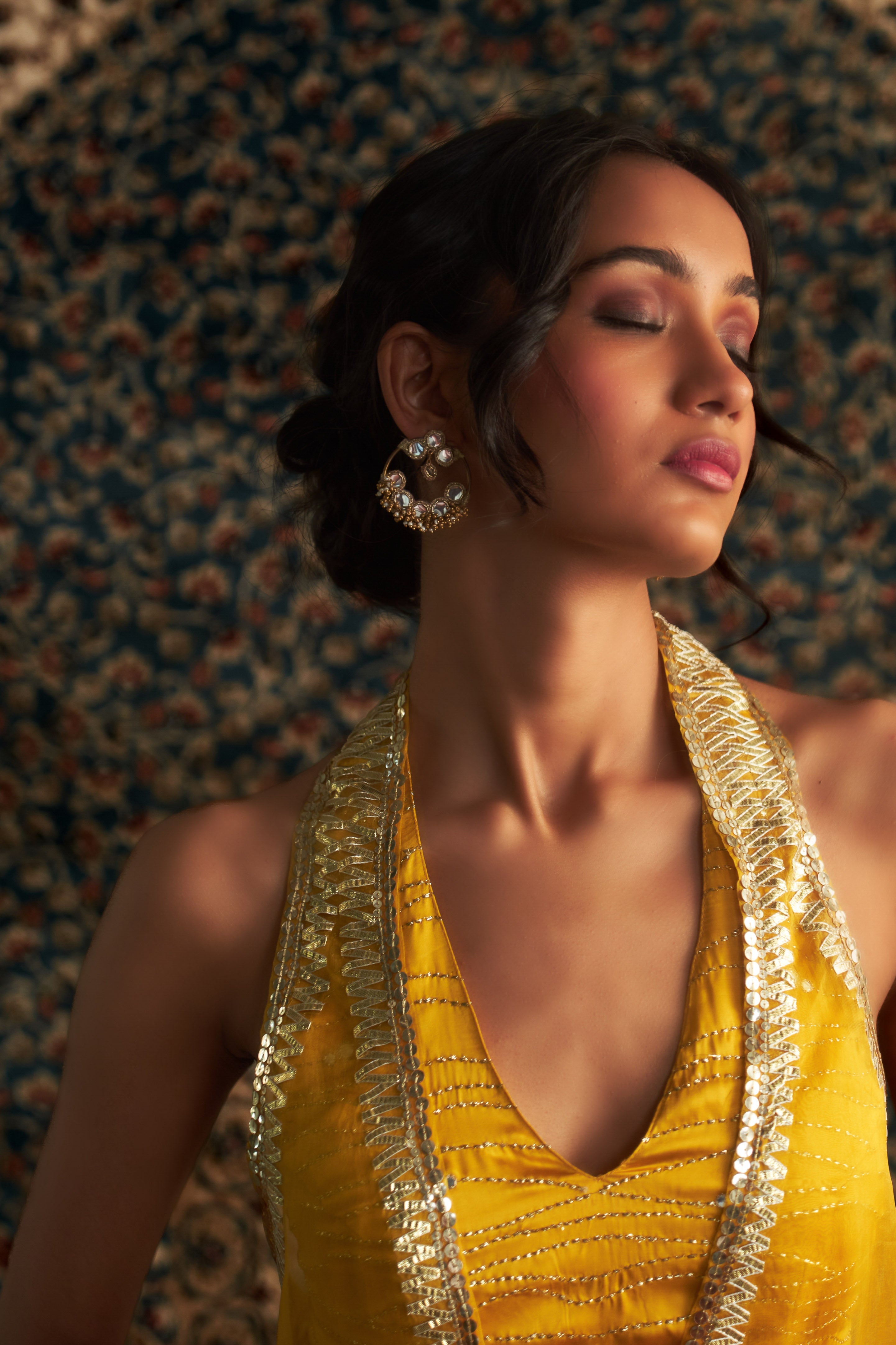 CY Charkhee Marigold Embroidred Jacket With Draped Skirt Set Closeup 2