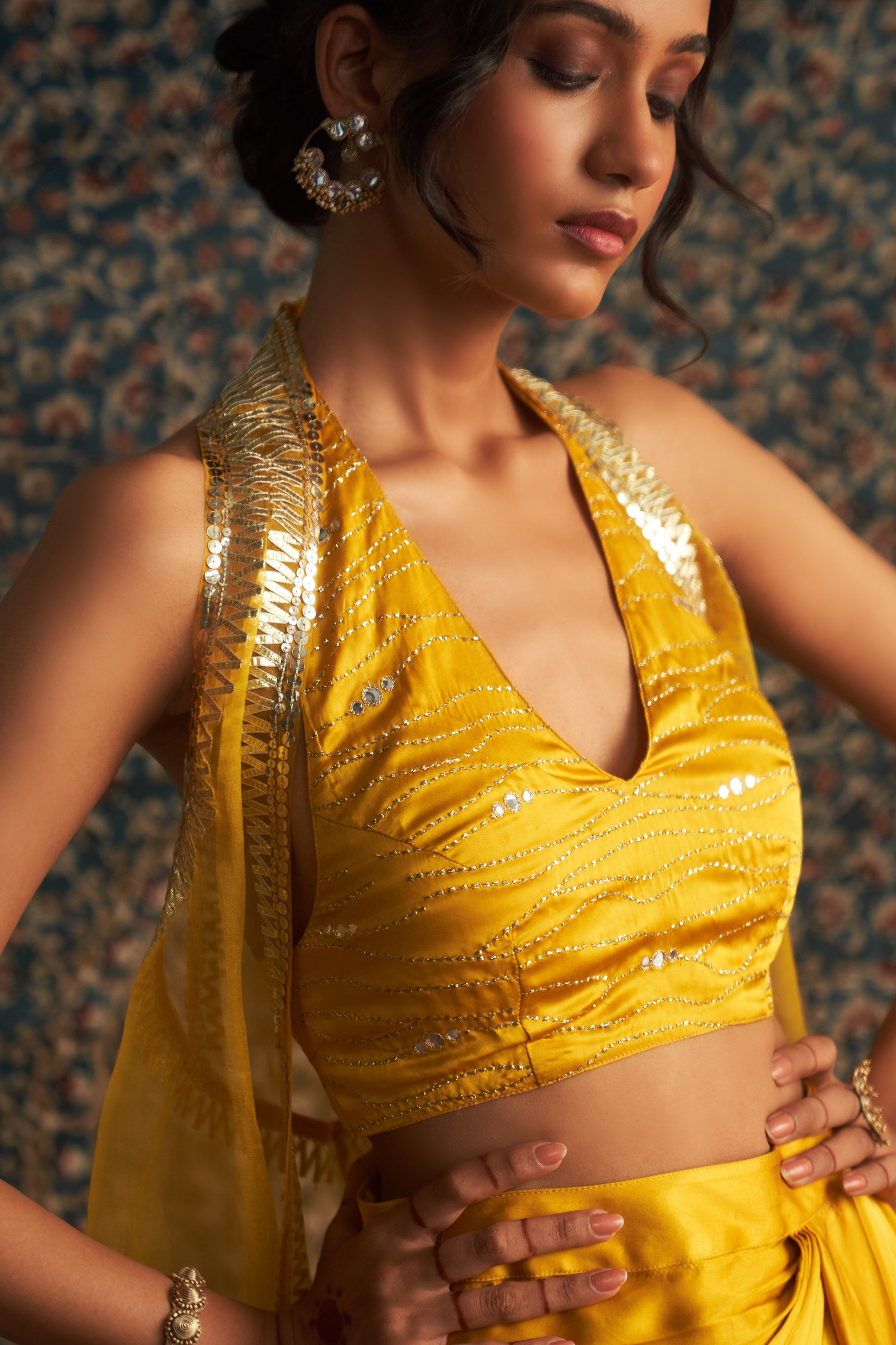 CY Charkhee Marigold Embroidred Jacket With Draped Skirt Set Closeup 1