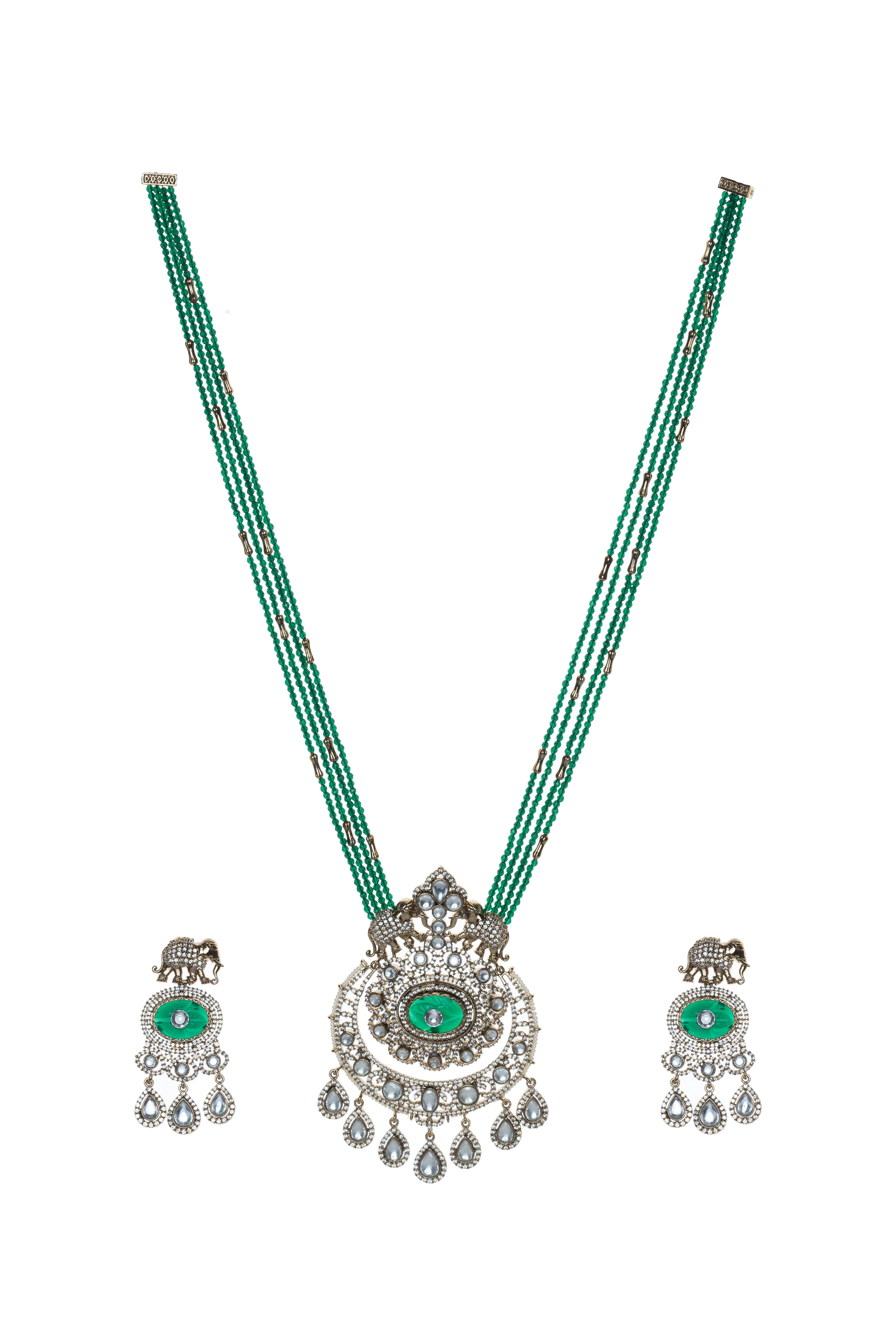 CY Pendant Necklace Set With Synthetic Emerald And Uncut Zircons Victorian Gold Polish