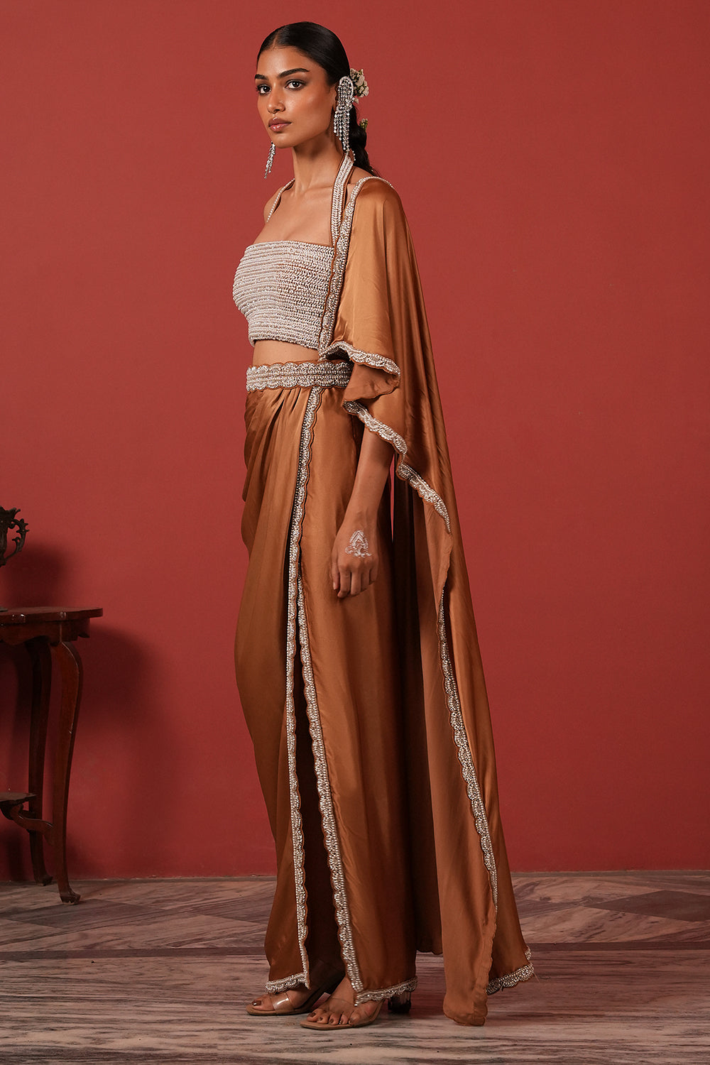 Pre-Draped Brown Saree Set with Slit Skirt