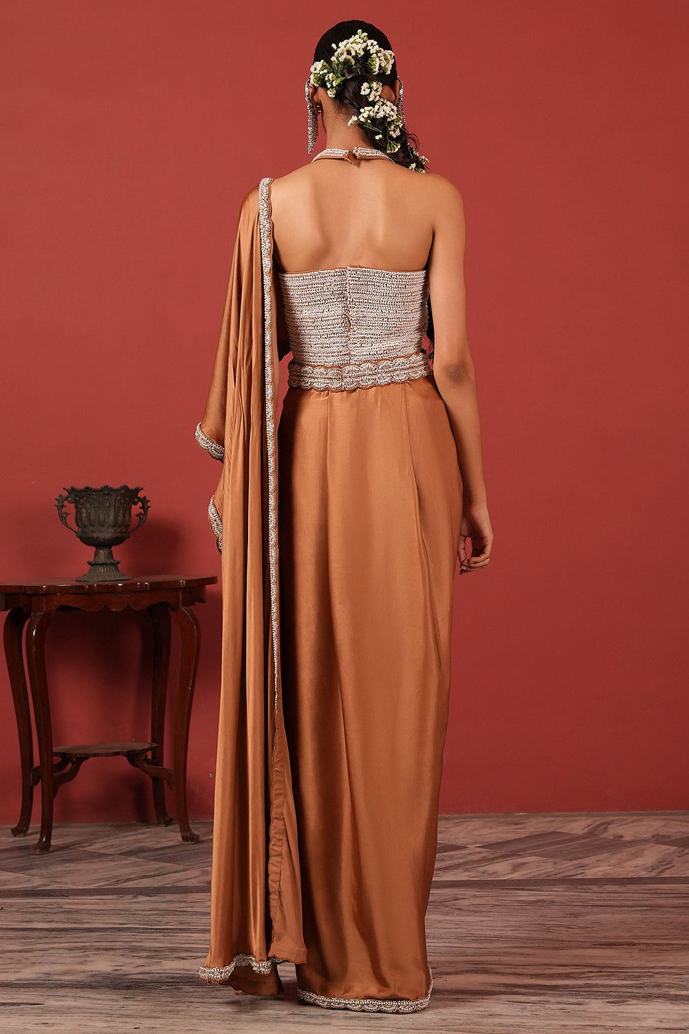 Pre-Draped Brown Saree Set with Slit Skirt