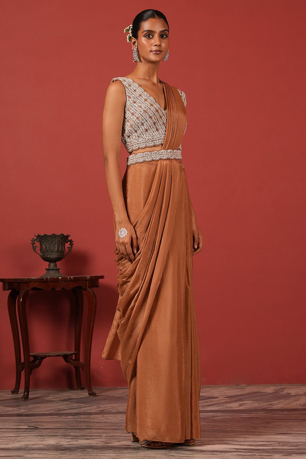 Pre-Draped Brown Saree with Embroidered Blouse & Detachable Belt