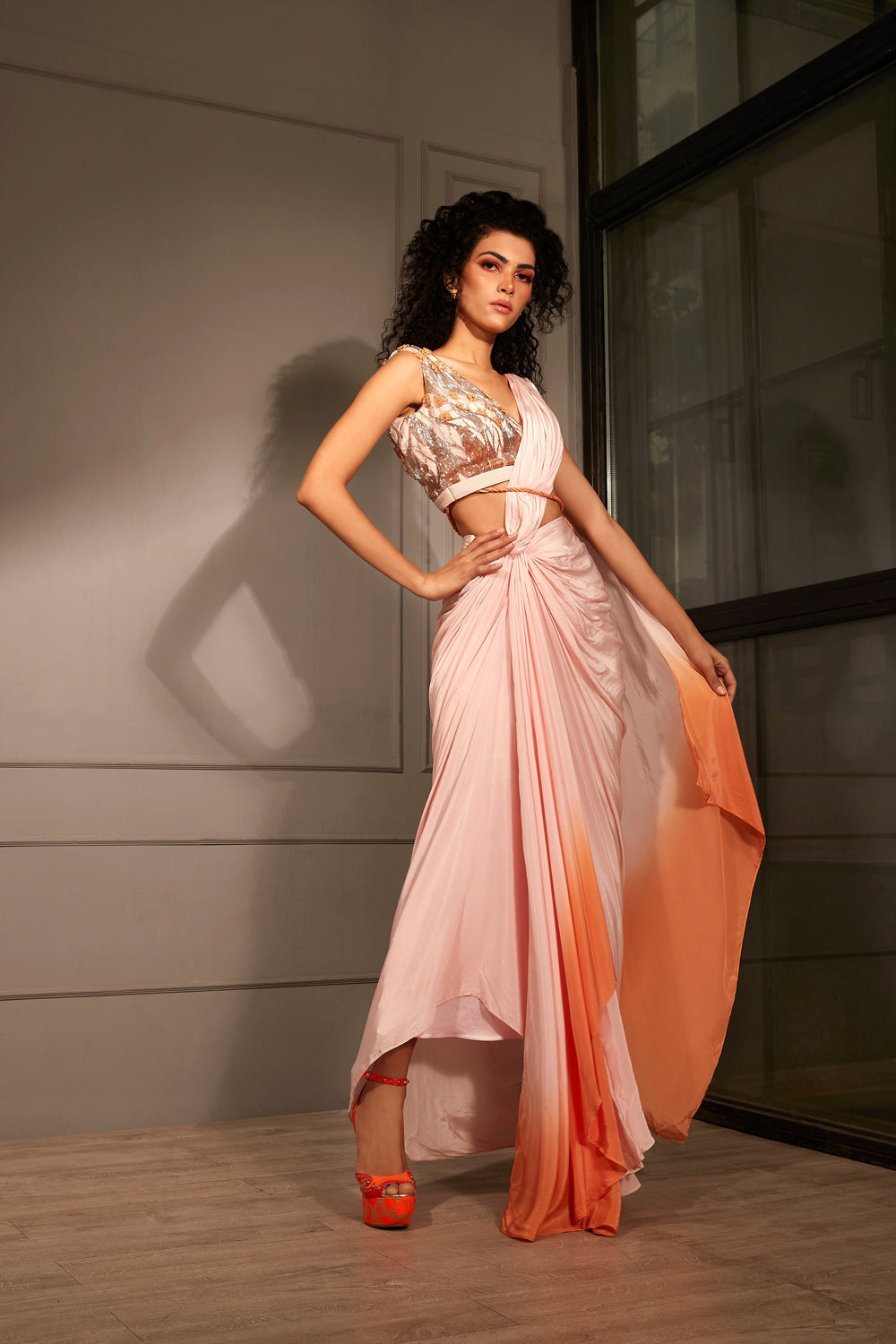 Pink Pre-Draped Saree