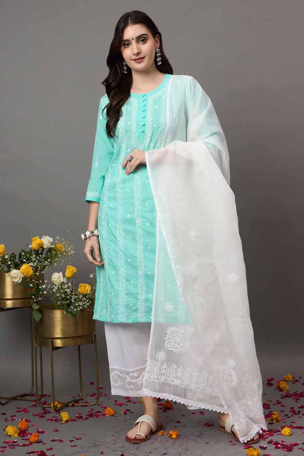 Sea green chikankari cotton round neck kurta with quarter sleeves