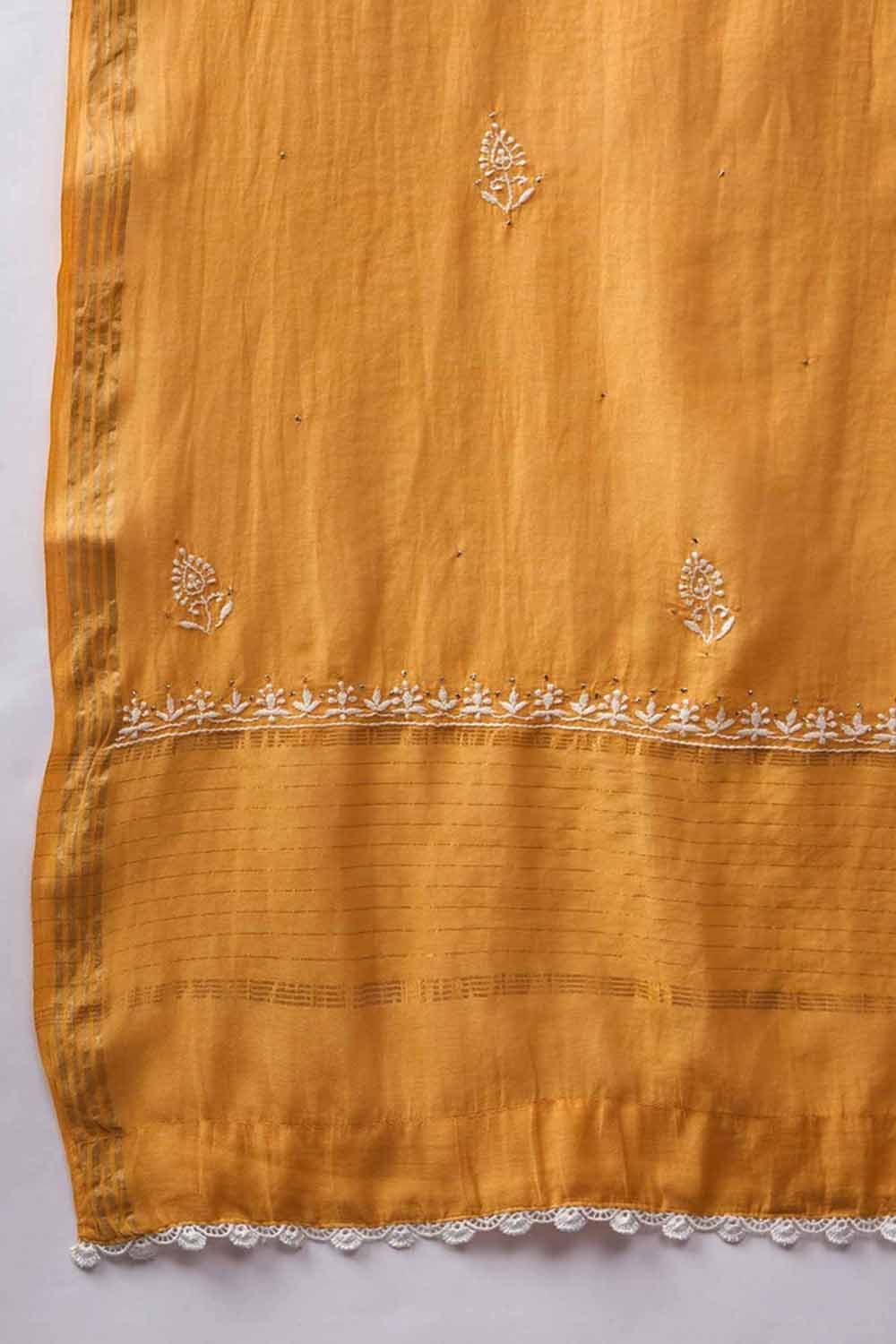 Mustard Chanderi Kurta Set with Slip and Dupatta - Chikankari and Mukaish Work