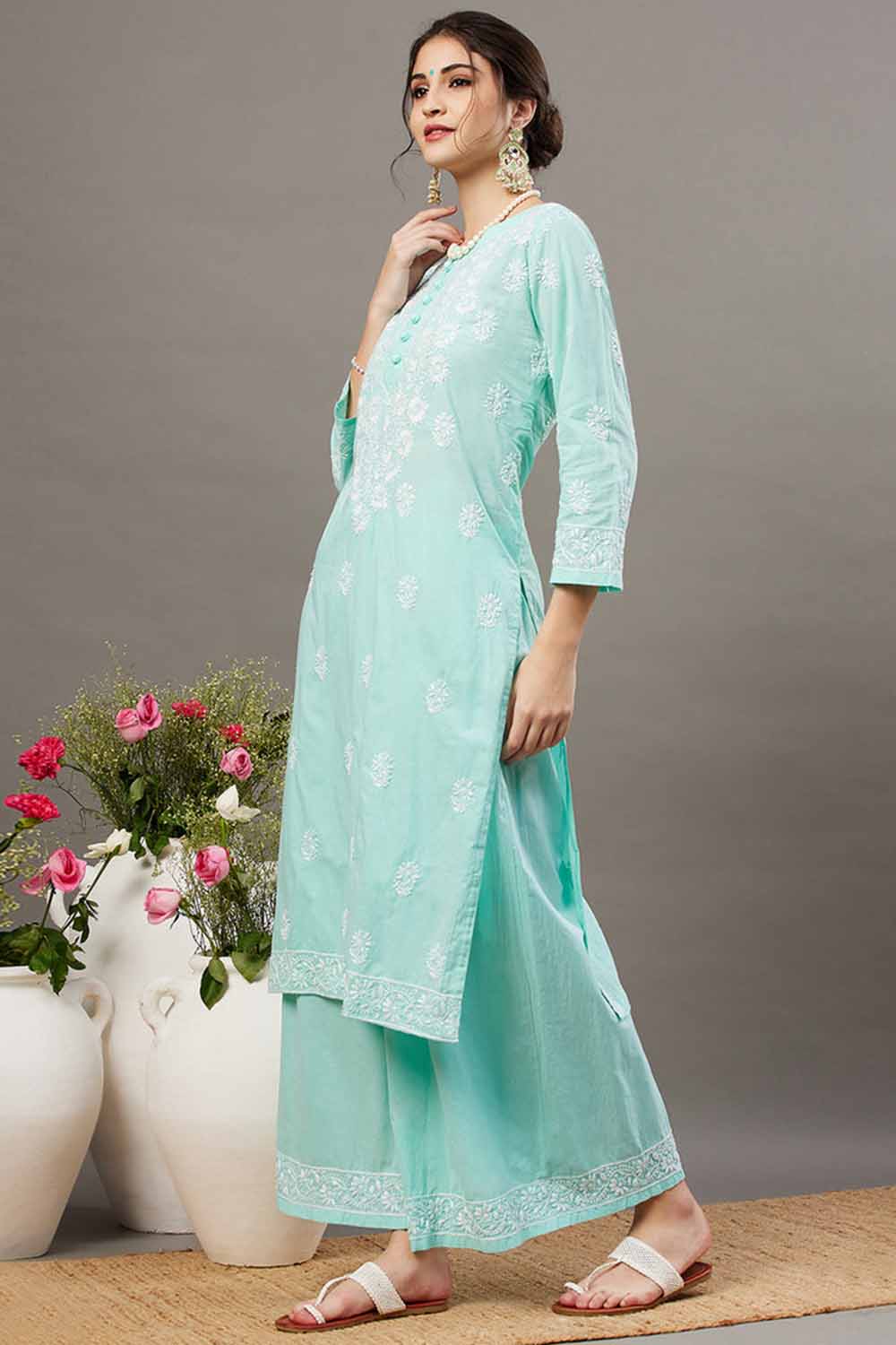 Sea Green Chikankari Kurta Set with Back Ties and Palazzo - Set of 2