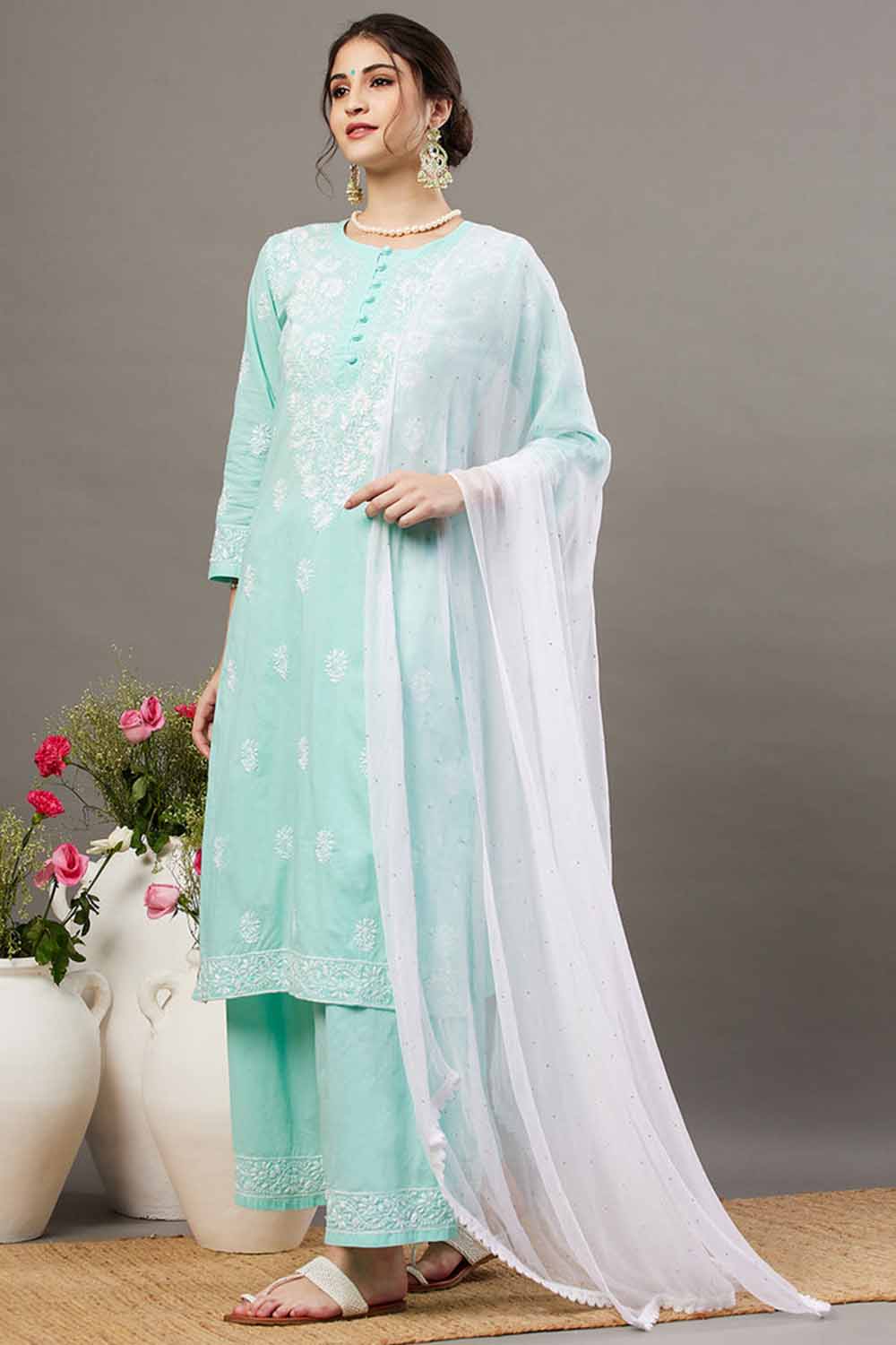 Sea Green Chikankari Kurta Set with Back Ties and Palazzo - Set of 2