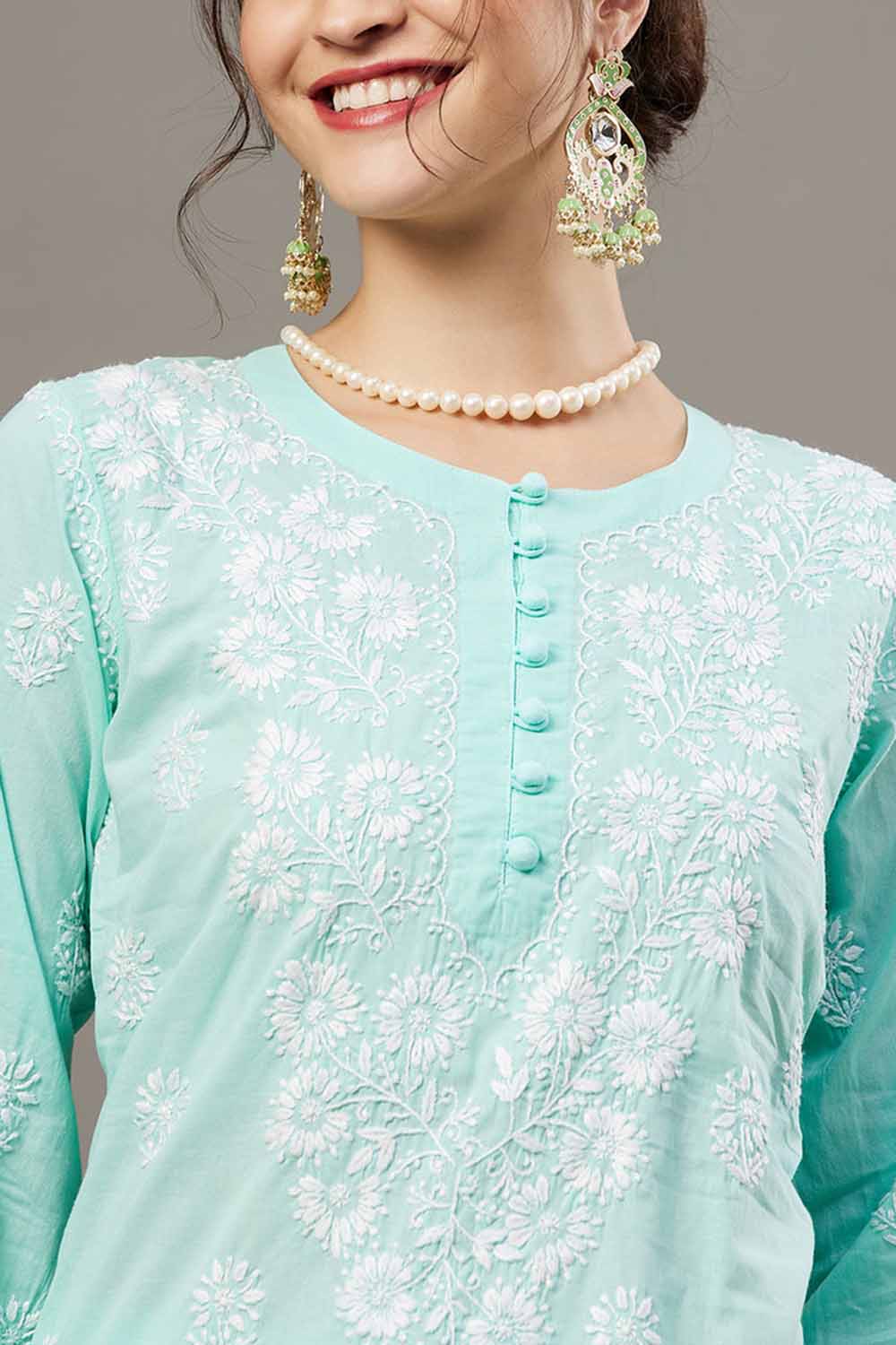 Sea Green Chikankari Kurta Set with Back Ties and Palazzo - Set of 2