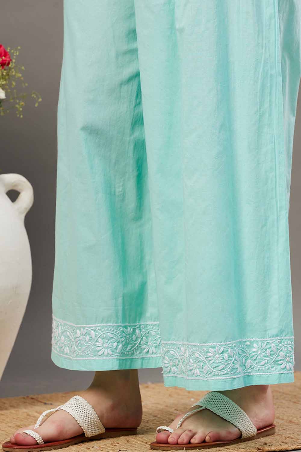Sea Green Chikankari Kurta Set with Back Ties and Palazzo - Set of 2