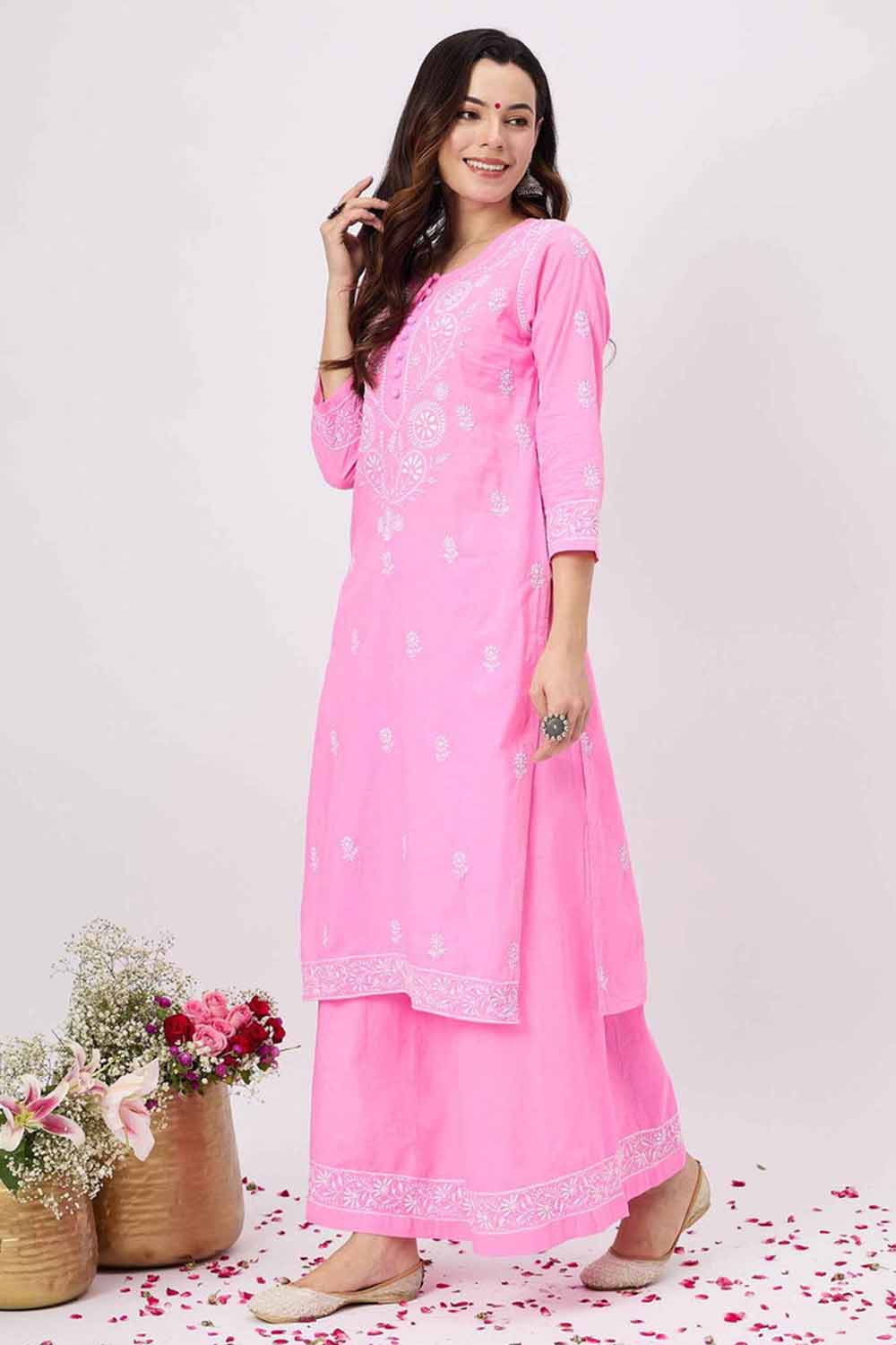 Pink Chikankari Kurta Set with Sharara - Elegant Cotton 2-Piece Outfit