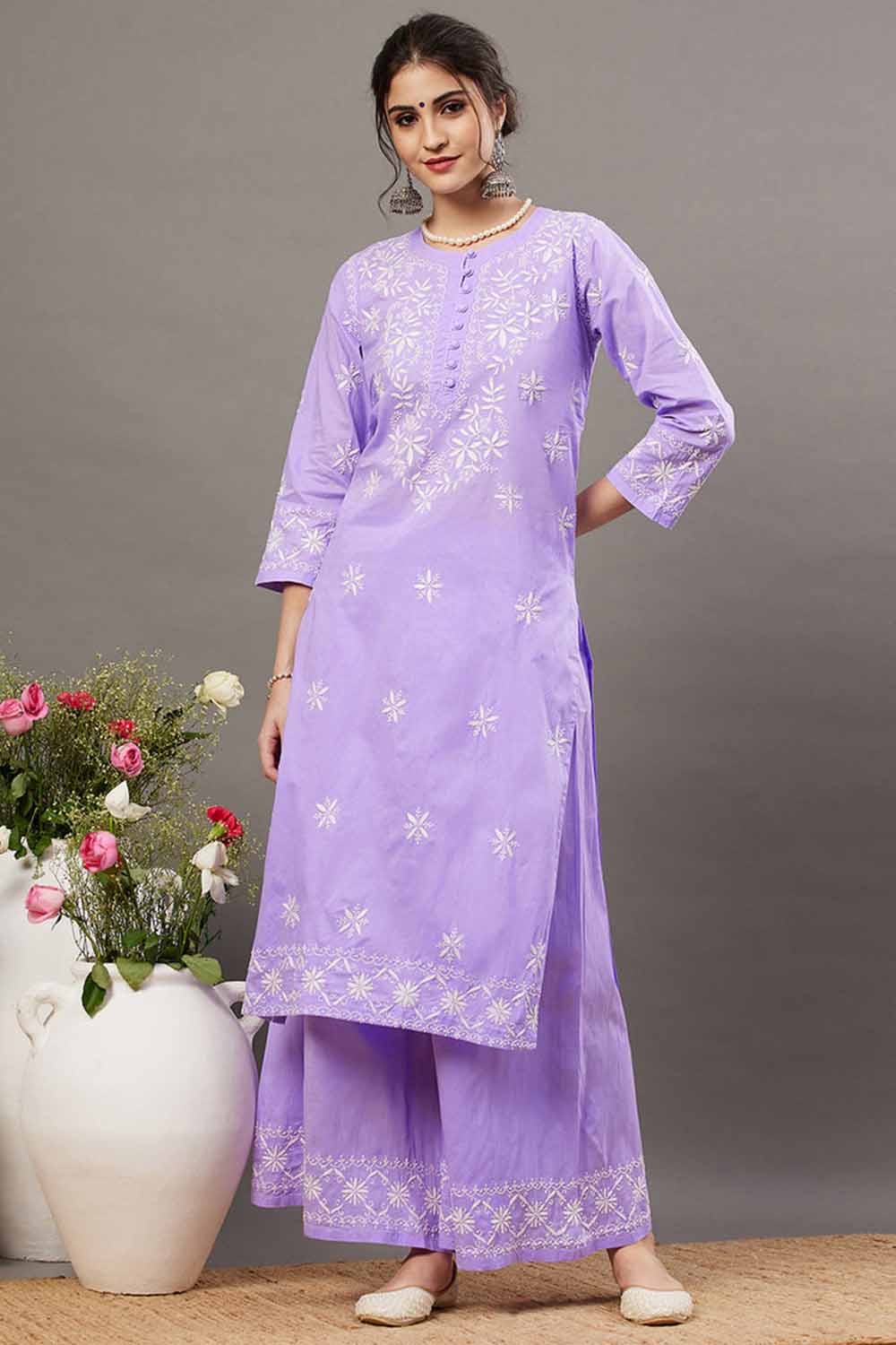Mauve Chikankari Kurta Palazzo Set - Elegant Two-Piece Outfit