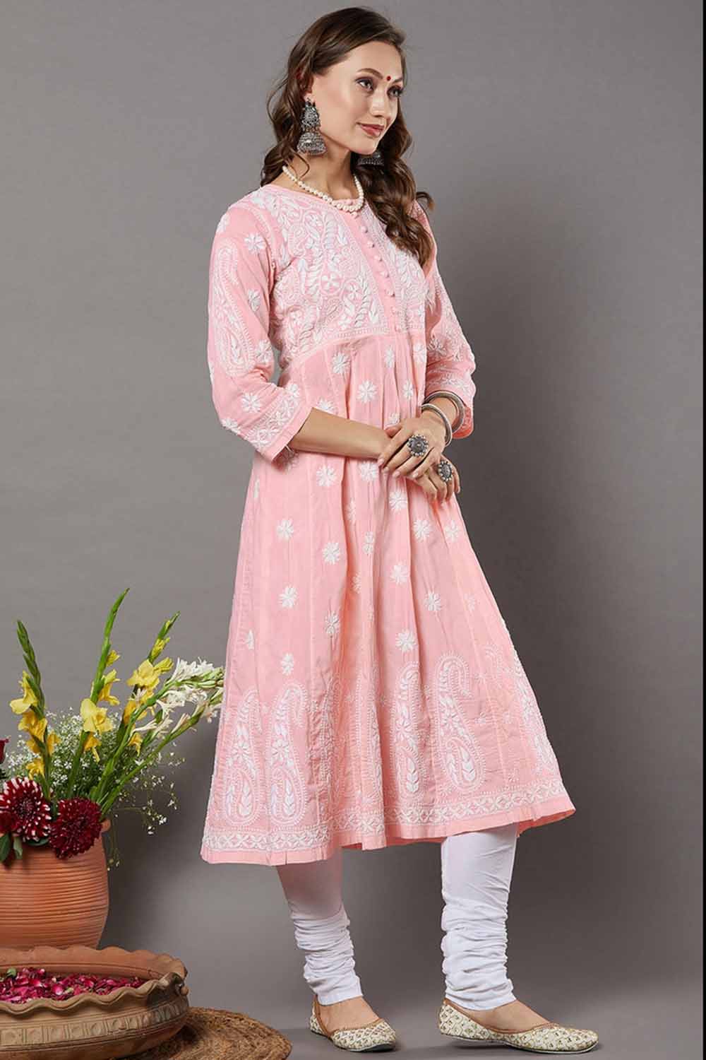 Peach Cotton Chikankari Anarkali