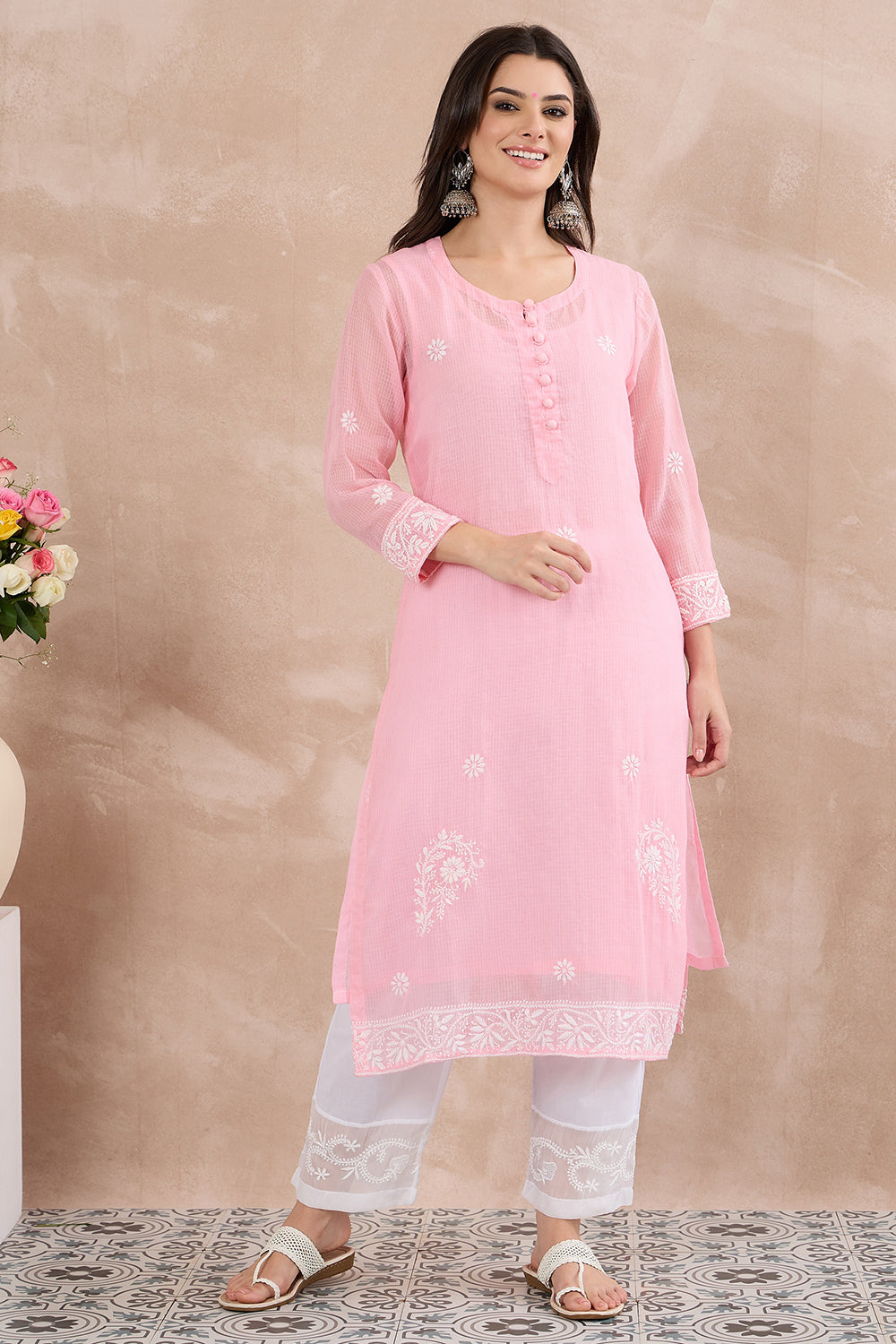 Baby Pink chikankari round neck kota kurta with slip