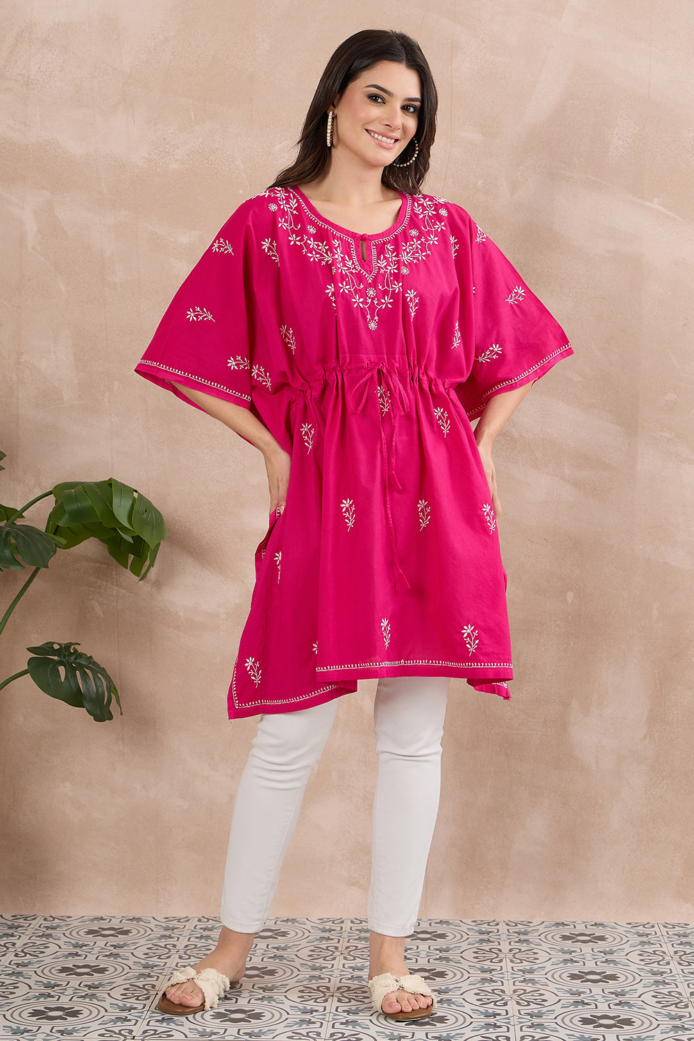 Cherry chikankari cotton kaftan with drawstrings