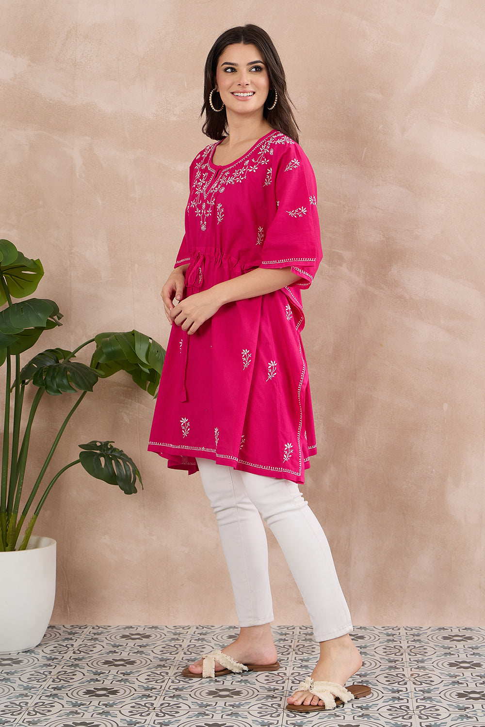 Cherry chikankari cotton kaftan with drawstrings