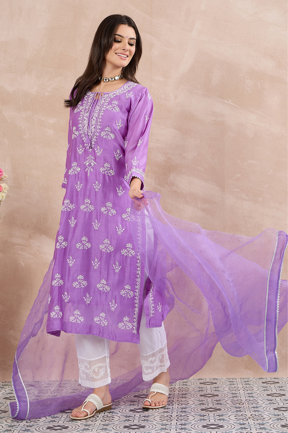 Mauve chanderi kurta with chikankari/mukaish +slip+silk organza dupatta with mukiash work